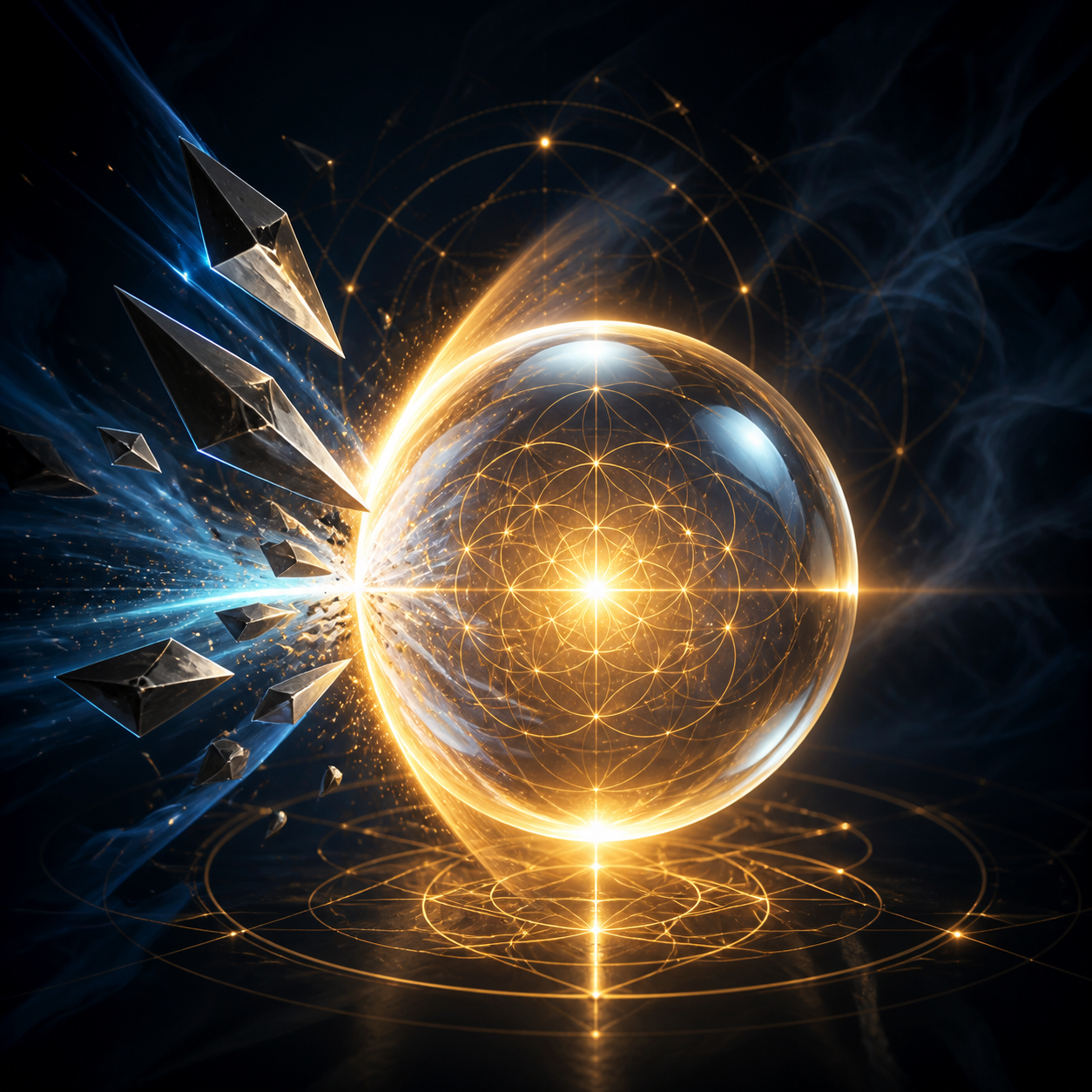 A 3D glass sphere glowing with internal metallic gold (#C5A36A) light, deflecting sharp geometric shards on a dark cinematic (#0A0F1B) background.