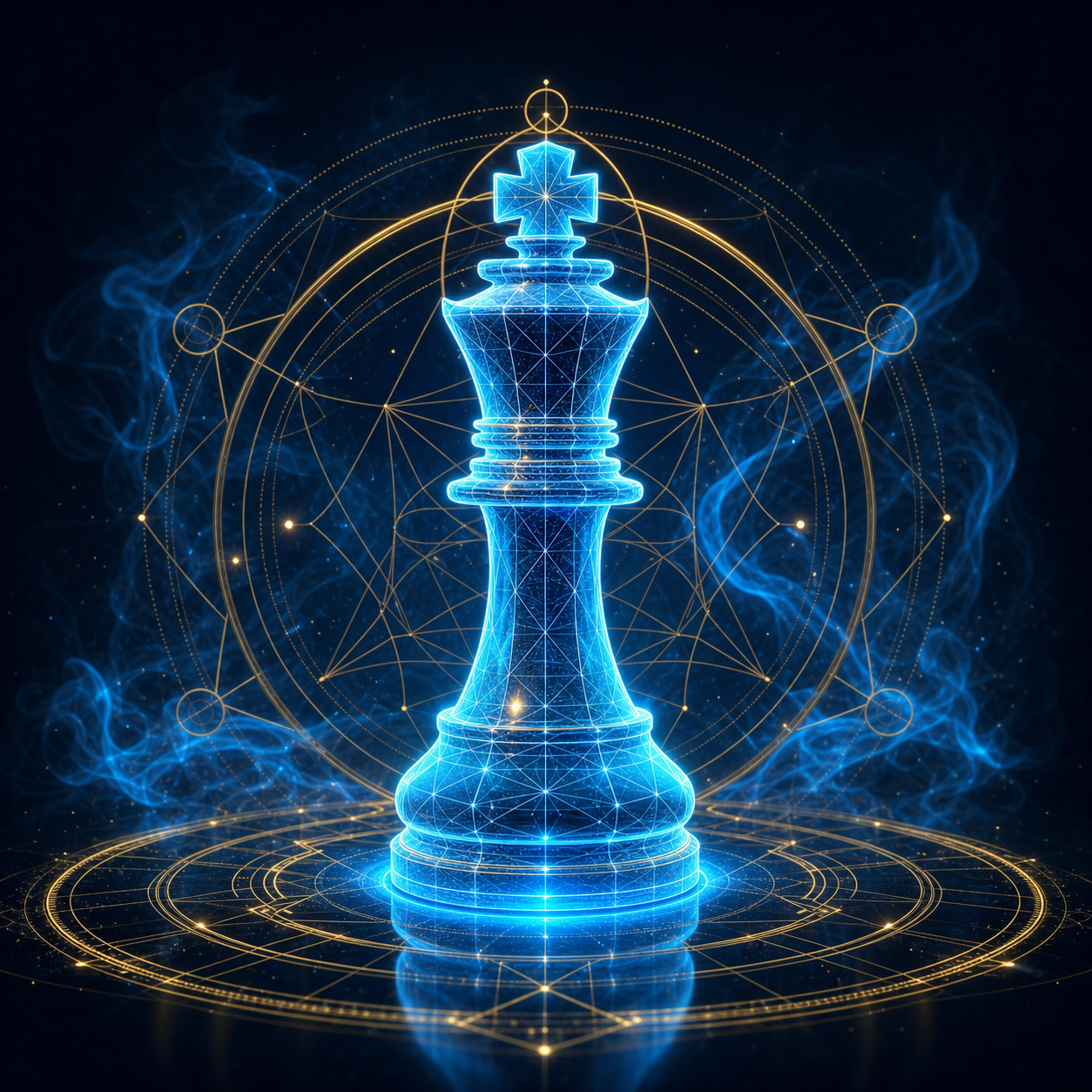 A majestic 3D glowing wireframe chess king piece in electric cyan (#46C7F2) with thin gold (#C5A36A) sacred geometry lines on a deep navy (#0A0F1B) gradient.