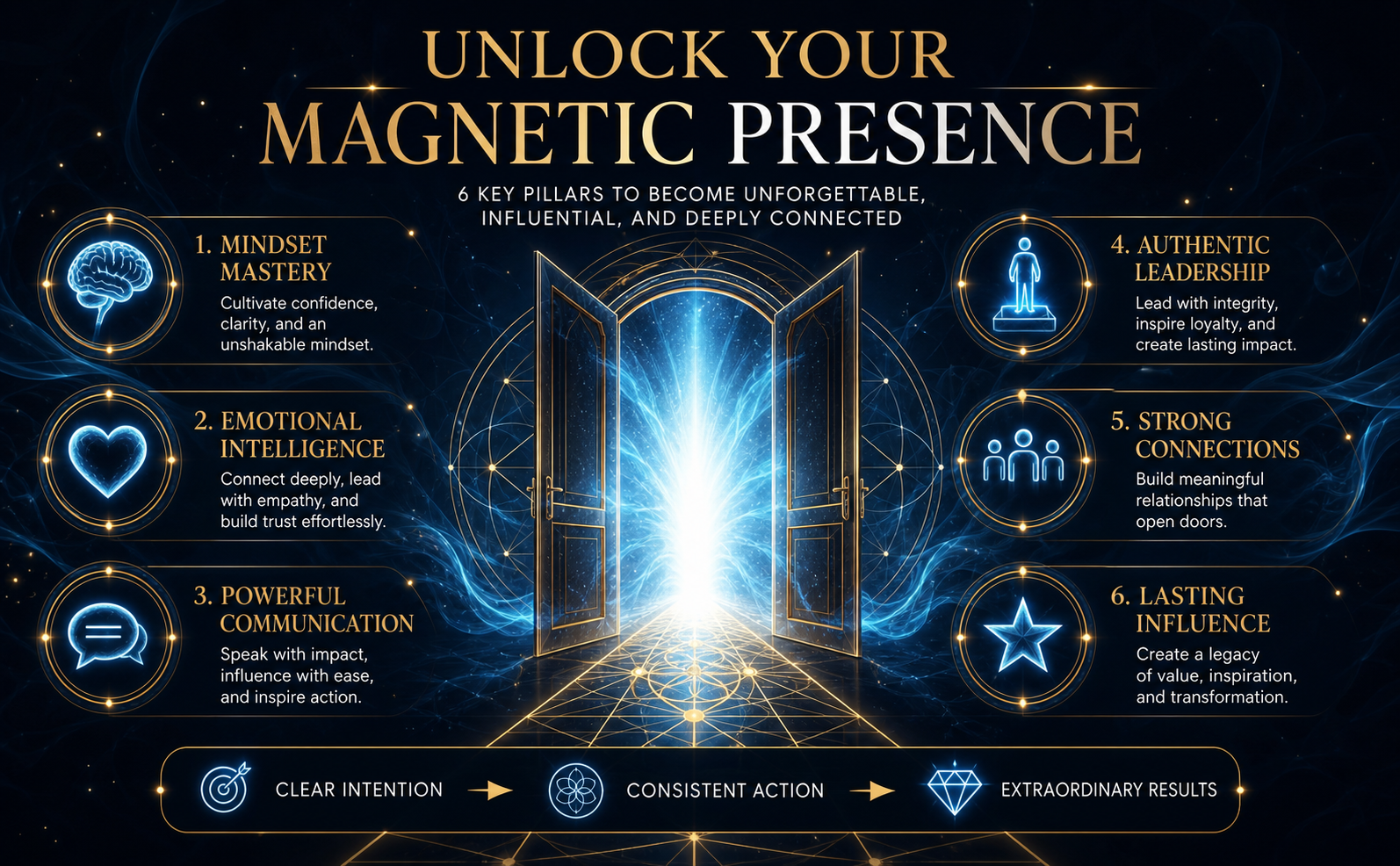 A powerful, aspirational visual showing a glowing open doorway radiating pure white (#FFFFFF) and electric cyan (#46C7F2) light in a deep navy (#0A0F1B) void. Metallic gold (#C5A36A) sacred geometry lines lead toward the light. Ethereal smoke and floating light particles create a mystical, premium atmosphere. Elegant all-caps Serif headline reads: "UNLOCK YOUR MAGNETIC PRESENCE". High-contrast, cinematic lighting.