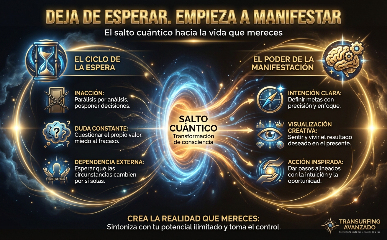 Diseño cósmico trascendente. Fondo oscuro (#1A1512) con sutiles nubes etéreas. Una silueta abstracta en el centro irradiando luz dorada (#D4AF37) y líneas de energía cuántica azul luminoso (#64B5F6) que se expanden hacia el exterior como ondas. Título principal centrado en tipografía sans-serif sólida en mayúsculas con efecto metálico dorado 3D: "DEJA DE ESPERAR. EMPIEZA A MANIFESTAR". Subtítulo en blanco luminoso (#F0F0EE): "El salto cuántico hacia la vida que mereces". Sin rostros reales. Estilo empoderador, misterioso y altamente profesional. Dimensiones horizontales 970x600.