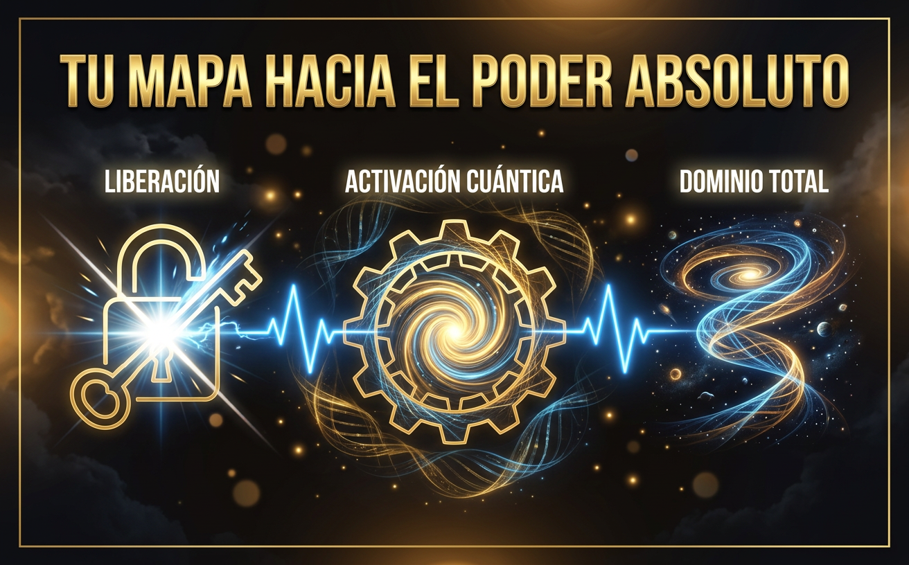 Infografía horizontal de marketing. Fondo oscuro radical (#1A1512) con sutiles destellos de energía luminosa ámbar (#FFB74D). Una línea de tiempo en zigzag vibrante de energía azul luminoso (#64B5F6) conecta tres hitos grandes. Cada hito tiene un icono delineado y brillante dorado (#D4AF37): 1) Un candado abstracto abriéndose, cruzado por luz. 2) Un engranaje iluminado con un vórtice interior. 3) Una espiral ascendente cósmica. Textos en español con tipografía clara y blanca brillante (#F0F0EE): "LIBERACIÓN", "ACTIVACIÓN CUÁNTICA", "DOMINIO TOTAL". Título superior en dorado y biselado: "TU MAPA HACIA EL PODER ABSOLUTO". Elementos decorativos: orbes de luz, chispas doradas. Formato 970x600.