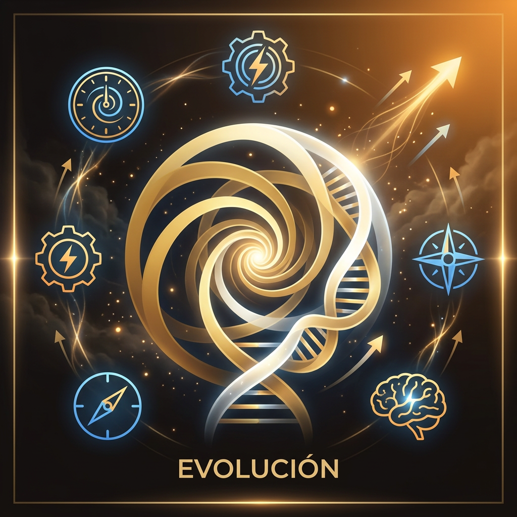 Imagen cuadrada 300x300. Ícono abstracto de una espiral estelar o filamentos de ADN cósmicos entrelazados, brillando en una suave transición de dorado (#D4AF37) a blanco puro (#F0F0EE). Fondo oscuro con sutiles chispas. Trazos de actualización y expansión. Texto sutil: "EVOLUCIÓN". Sensación de potencial infinito.