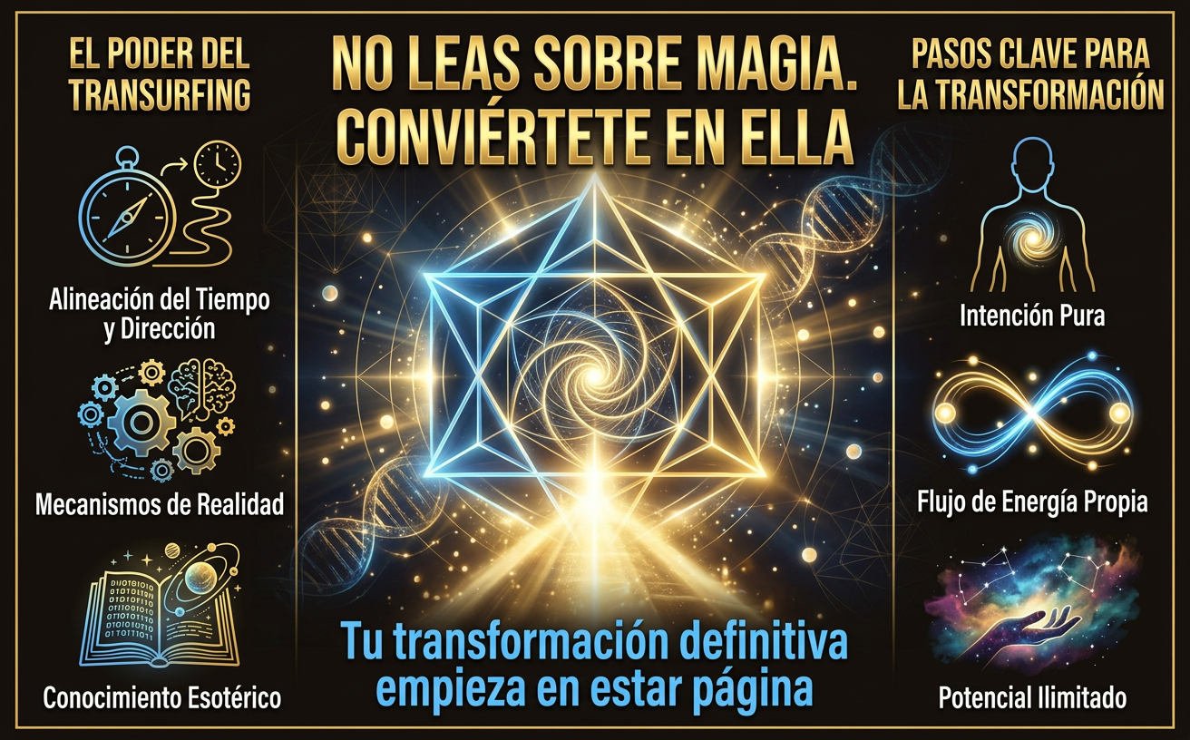 Paisaje 970x600. Diseño intensamente dramático, urgente y majestuoso. Un portal o puerta geométrica abstracta luminosa abriéndose en medio de una profunda oscuridad misteriosa (#1A1512). Desde el interior del portal, irradia un intenso, cálido y envolvente resplandor dorado (#D4AF37) y blanco centelleante (#F0F0EE), invitando al espectador a cruzar el umbral. Tipografía maciza, gruesa, biselada y dorada flotando en la escena, con jerarquía visual: "NO LEAS SOBRE MAGIA. CONVIÉRTETE EN ELLA". Subtítulo prominente en azul brillante intenso (#64B5F6): "Tu transformación definitiva empieza en estar página". Decenas de orbes de luz fina y chispas de pura energía saltando. Estilo comercial imperativo, trascendental y altamente aspiracional.