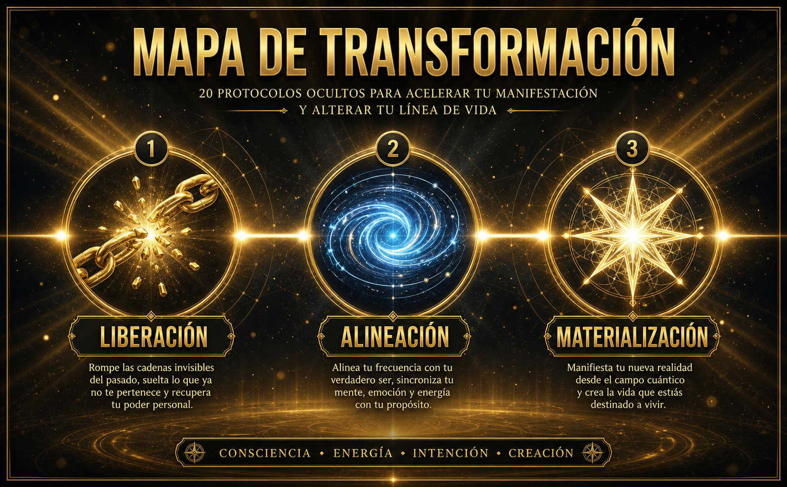 Infografía horizontal (970x600) que muestra un mapa de ruta de transformación. Tres nodos conectados por una línea dorada brillante (#E7C27D). Nodo 1: Icono 3D de una cadena rompiéndose (Etiqueta: "LIBERACIÓN"). Nodo 2: Icono de un vórtice cuántico en azul etéreo (#A5D8FF) (Etiqueta: "ALINEACIÓN"). Nodo 3: Icono de una estrella de múltiples puntas brillando en blanco resplandor (#FEF9E7) (Etiqueta: "MATERIALIZACIÓN"). Fondo oscuro (#0D0D0D) con partículas doradas en suspensión y rayos de luz divergentes. Estilo sofisticado, tipografía sans-serif extra bold. Sin libros, sin portadas.