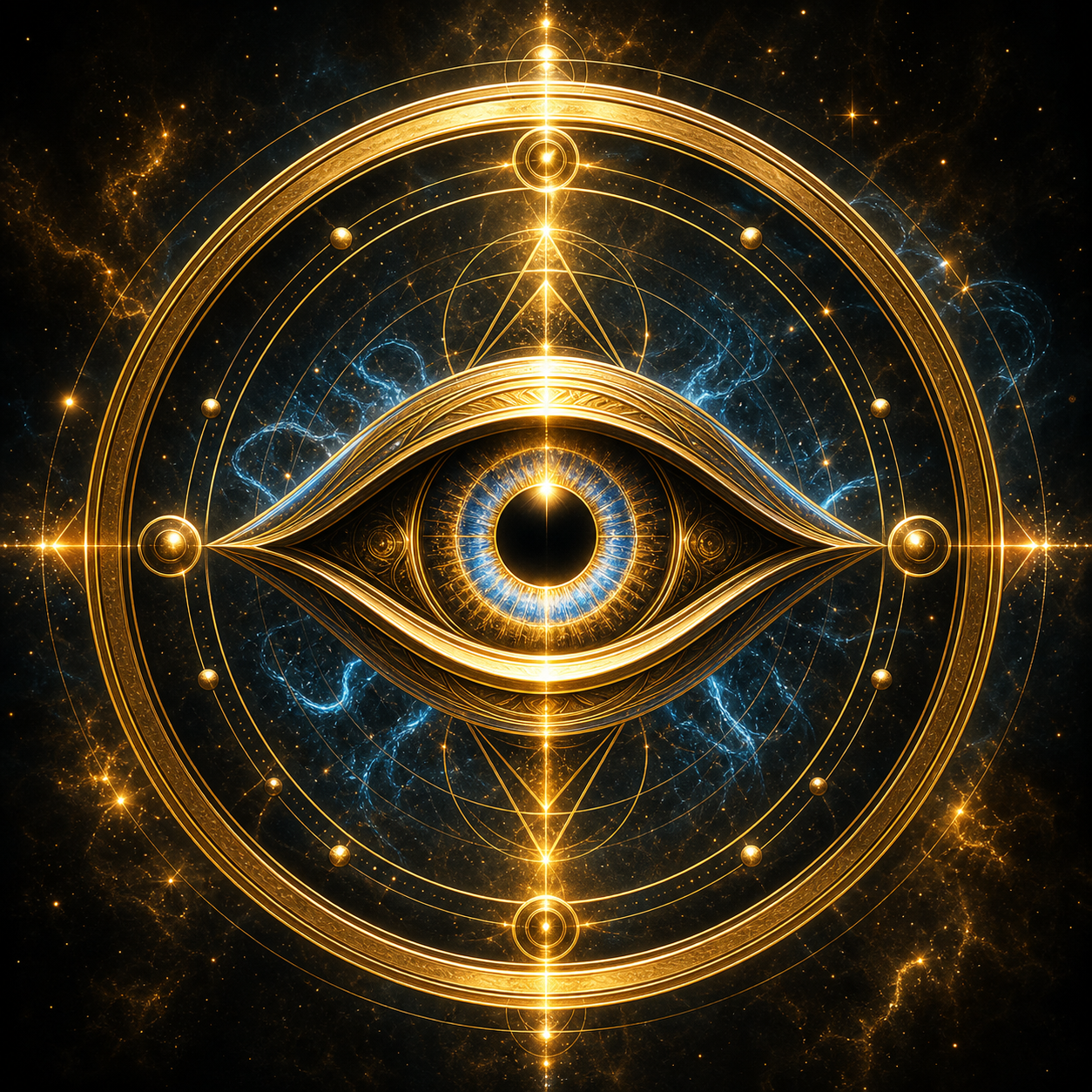 Icono 3D de un ojo místico rodeado de anillos dorados (#E7C27D) sobre fondo oscuro, estilo line-art sofisticado con brillo interno y sombras paralelas suaves. Sin libros.