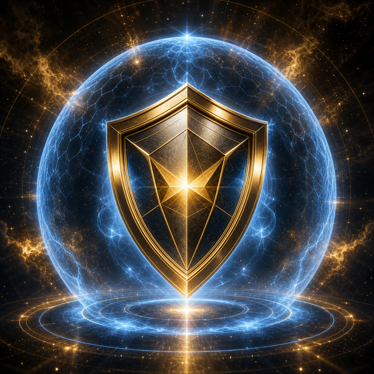 Icono 3D de un escudo geométrico emitiendo un campo de fuerza en azul etéreo (#A5D8FF) sobre fondo negro profundo (#0D0D0D) con texturas nebulosas. Sin libros.