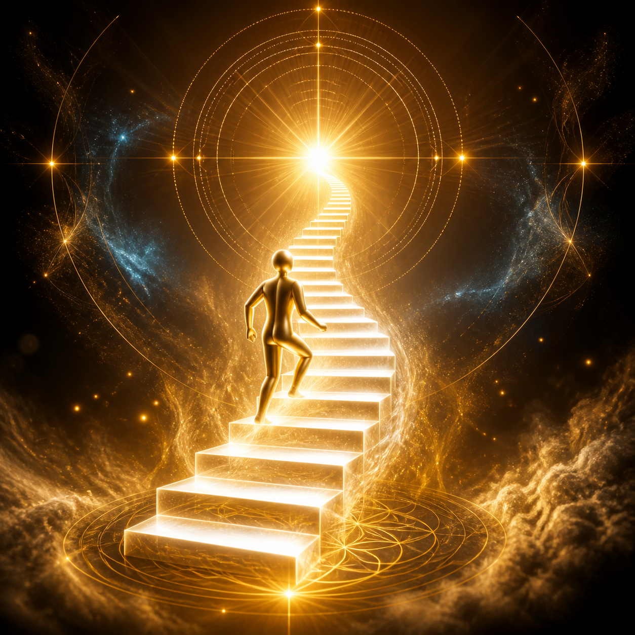 Icono 3D de una figura abstracta ascendiendo por una escalera de luz blanca resplandeciente (#FEF9E7) con destellos ámbar cálido (#B8860B). Sin libros.
