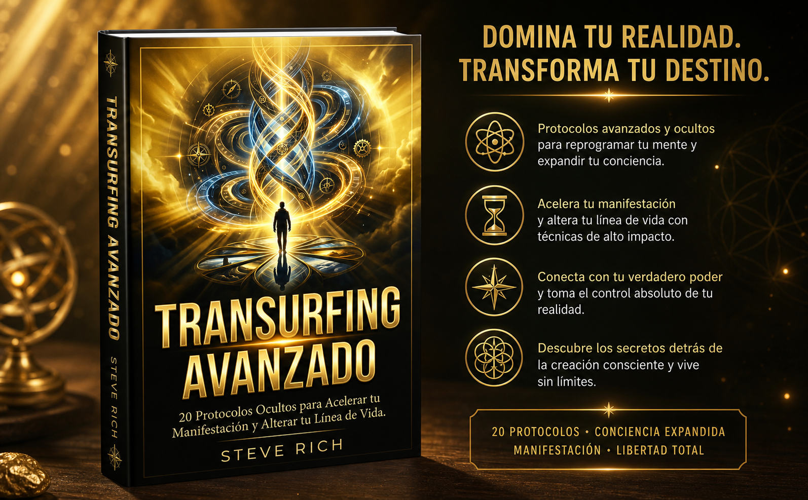 Imagen motivacional horizontal (970x600). Una silueta humana de pie en la cima de una montaña abstracta de cristal oscuro, mirando hacia un horizonte donde amanece con luz ámbar cálido (#B8860B) y rayos dorados. Texto impactante en el centro en fuente sans-serif condensada y extra bold: "RECLAMA TU PODER YA". Estilo épico, místico, trascendental y de alta vibración cuántica. Fondo estrellado cósmico muy sutil. Sin libros, sin portadas, sin mockups.
