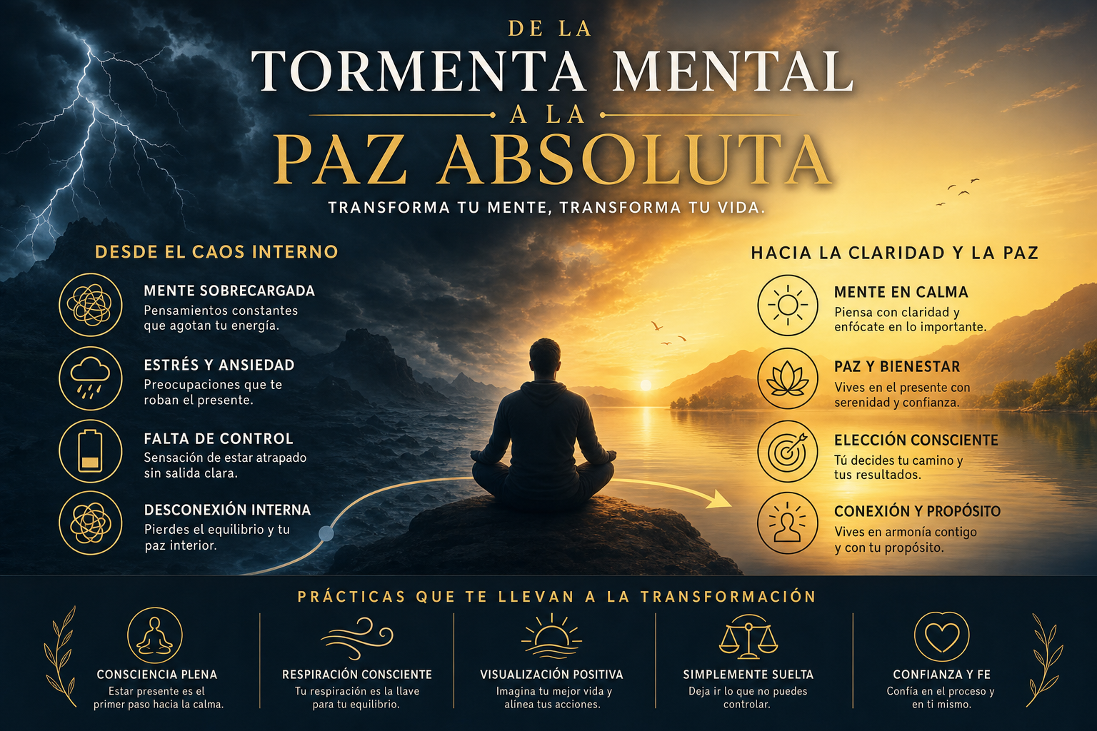 Guía de Estilo Visual: Transurfing y la Ansiedad. Tema: Dualidad Caos vs Calma. Paleta: Azul Medianoche (#1B2631), Dorado (#D4AF37). Estilo: Cinematográfico, atmosférico. Una escena dividida: a la izquierda, nubes oscuras de tormenta; a la derecha, un amanecer dorado y sereno sobre un lago en calma. Texto integrado: "DE LA TORMENTA MENTAL A LA PAZ ABSOLUTA". Cero referencias a libros o portadas.