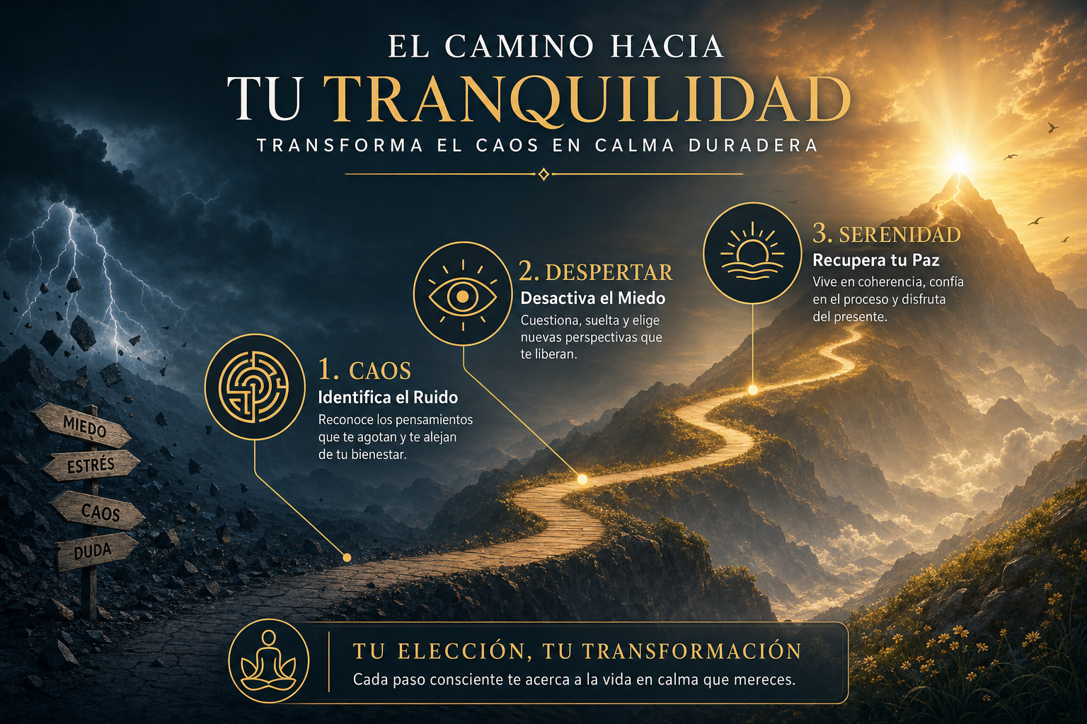 Guía de Estilo Visual: Transurfing y la Ansiedad. Infografía de proceso. Un camino luminoso que asciende desde un valle oscuro (#1B2631) hacia una cumbre bañada en luz dorada (#D4AF37). Iconos minimalistas dorados marcan tres etapas: 1. Caos (icono de laberinto), 2. Despertar (icono de ojo abierto), 3. Serenidad (icono de sol naciente). Etiquetas en español: "Identifica el Ruido", "Desactiva el Miedo", "Recupera tu Paz". Cero referencias a libros.