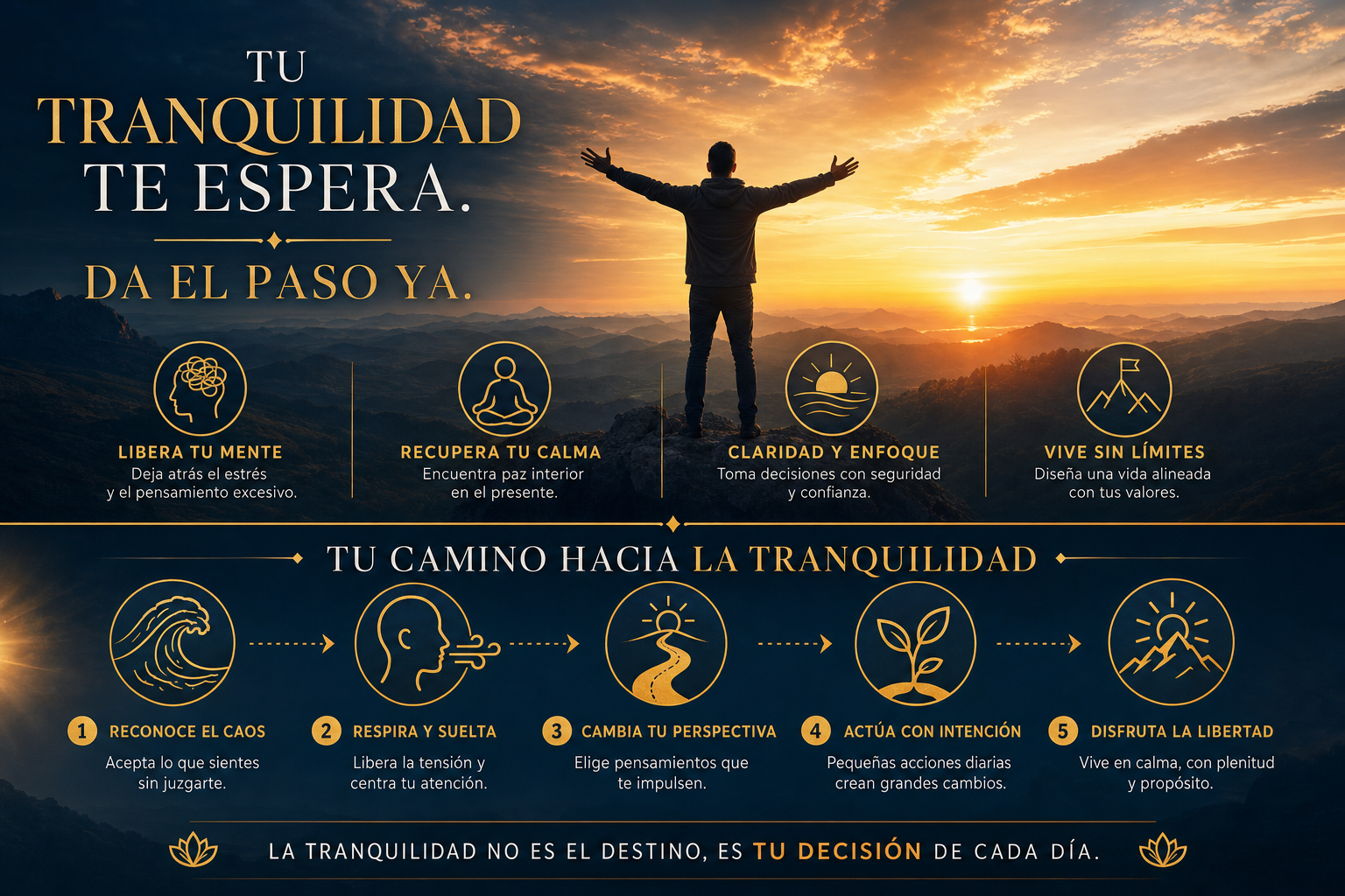 Guía de Estilo Visual: Transurfing y la Ansiedad. Imagen aspiracional de una silueta humana de espaldas, frente a un horizonte inmenso al atardecer (tonos naranjas #E67E22 y dorados #D4AF37). Transmite una sensación de liberación total y triunfo sobre la adversidad. Texto integrado en tipografía Serif elegante: "TU TRANQUILIDAD TE ESPERA. DA EL PASO YA." Cero referencias a libros o portadas.