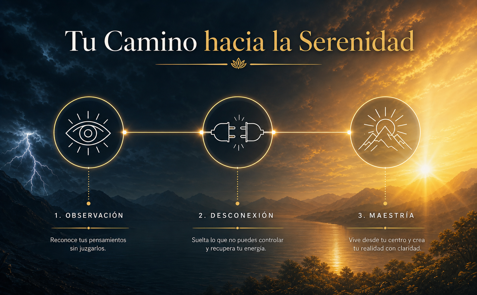 Infografía de mapa de ruta cinemático sobre un fondo con degradado natural de azul medianoche (#1A2530) a luz dorada (#E9B851). Tres hitos principales conectados por una fina línea horizontal dorada. Hito 1: Icono lineal minimalista blanco de un ojo abierto (texto inferior: "Observación"). Hito 2: Icono lineal de un enchufe desconectándose (texto inferior: "Desconexión"). Hito 3: Icono lineal de una montaña iluminada por el sol (texto inferior: "Maestría"). Diseño limpio, elegante, sin desorden visual. Rayos de luz sutiles (lens flare). Textos en español con tipografía sans-serif minimalista. Título principal en la parte superior con tipografía serif clásica: "Tu Camino hacia la Serenidad".