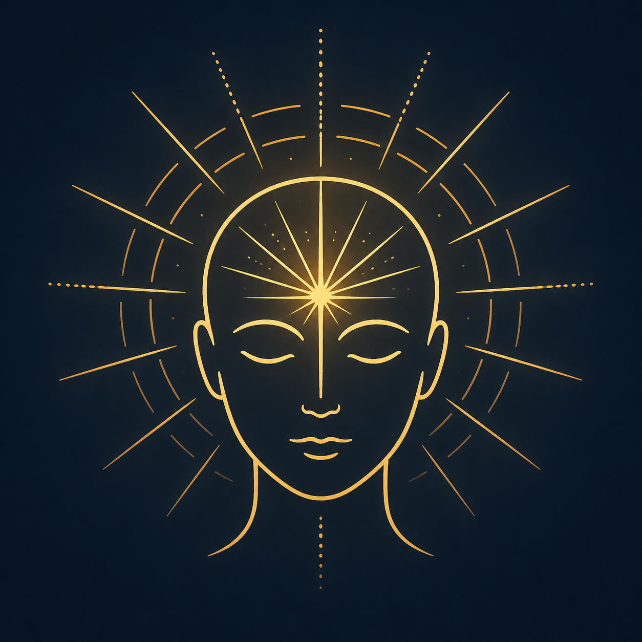 Icono lineal minimalista en color dorado cálido (#E9B851) de una mente brillante irradiando ondas de luz equilibradas, sobre un fondo azul medianoche profundo (#1A2530). Trazo fino y elegante, sin rellenos pesados.