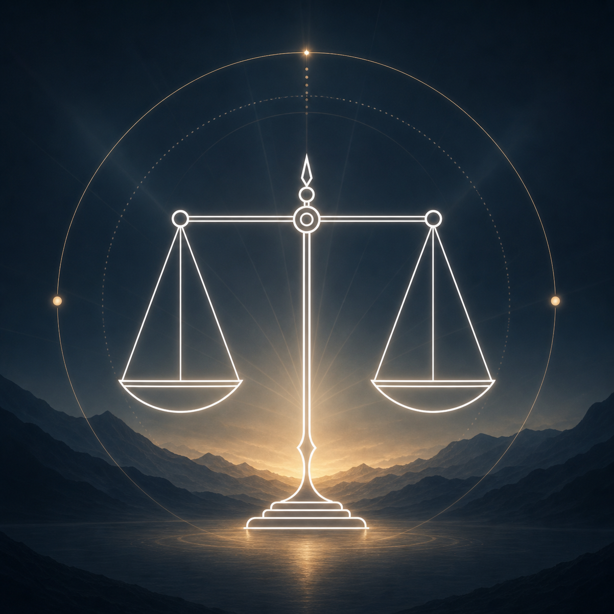 Icono lineal minimalista de una balanza en perfecto equilibrio, trazado en blanco puro (#FFFFFF) sobre fondo azul oscuro (#1A2530) con sutiles rayos de luz de fondo. Estilo de espiritualidad moderna.