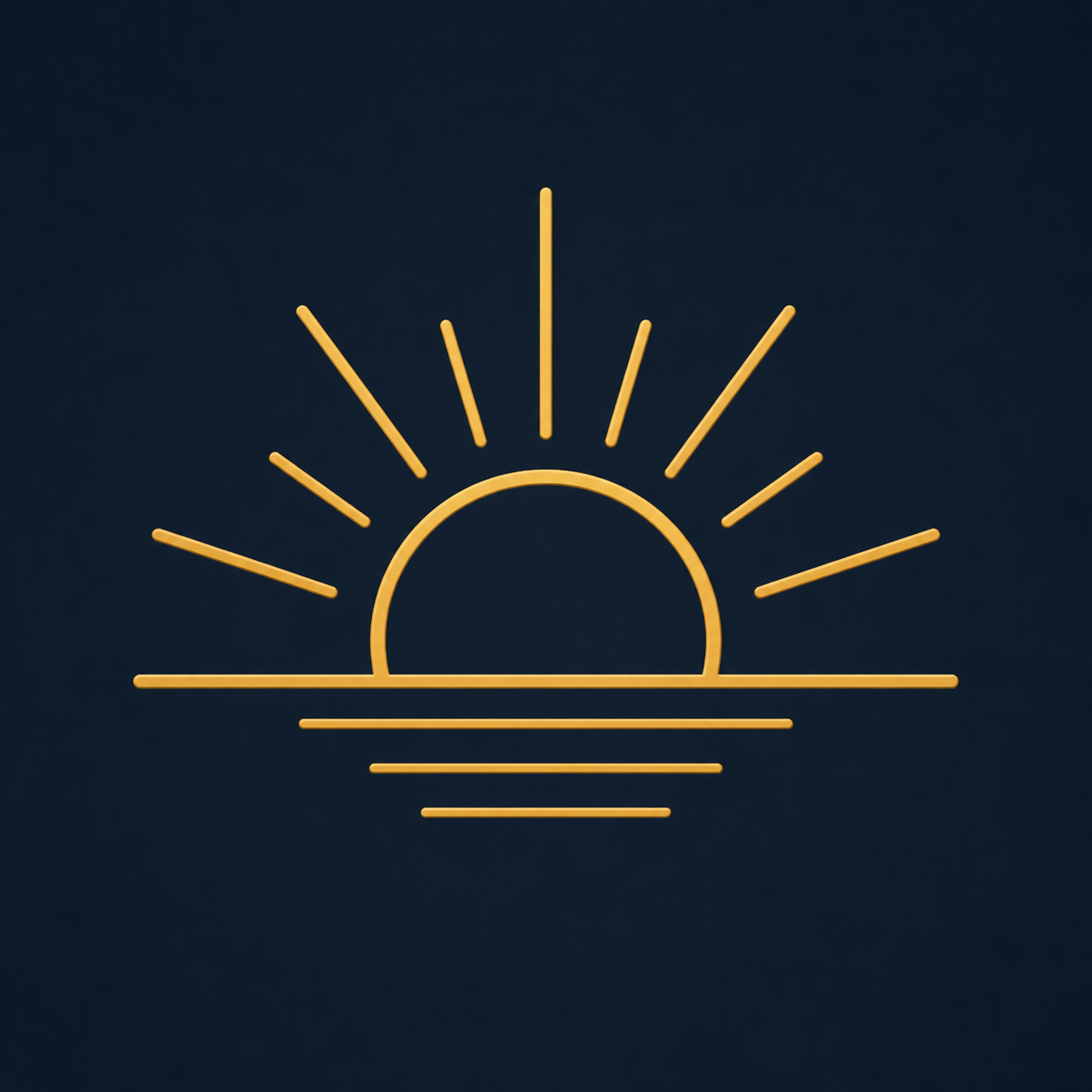 Icono lineal minimalista en color dorado (#E9B851) de un sol amaneciendo sobre la línea del horizonte, transmitiendo energía, sobre fondo azul oscuro (#1A2530). Diseño limpio y simétrico.
