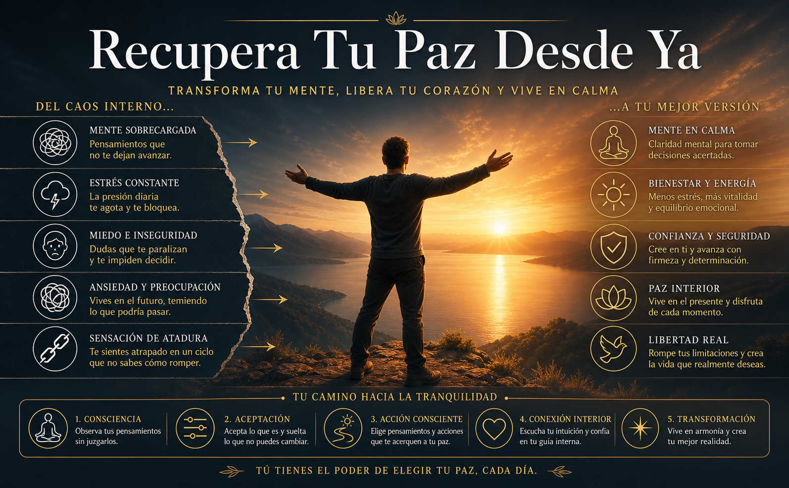 Escena aspiracional y cinemática de una persona de pie en la cima de una colina al atardecer, respirando profundamente con los brazos ligeramente abiertos. Recibe una hermosa luz dorada (#E9B851) y naranja atardecer (#D97E2E). El fondo muestra un vasto lago sereno que refleja el cielo despejado. Atmósfera de triunfo, liberación total y paz absoluta. Texto en español grande y elegante, alineado al centro superior (fuente serif clásica en blanco puro #FFFFFF): "Recupera Tu Paz Desde Ya". Diseño profesional, inspirador, sin elementos de oficina.