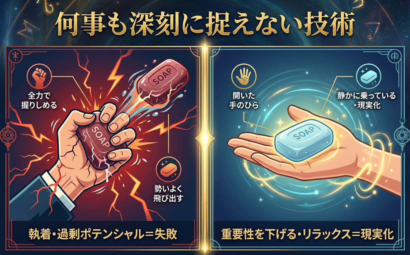 「重要性の管理」を教えるインフォグラフィック。画面を左右半分に分割し比較するデザイン。左側は、濡れた石鹸を全力で握りしめ、石鹸が手から勢いよく飛び出しているイラスト（赤と黒の配色）。日本語ラベルで「執着・過剰ポテンシャル＝失敗」と記載。右側は、開いた手のひらの上に石鹸が静かに乗っているリラックスしたイラスト（青と金の配色）。日本語ラベルで「重要性を下げる・リラックス＝現実化」と記載。上部に大きな太字テキスト「何事も深刻に捉えない技術」と配置。フラットでクリーンなインフォグラフィックレイアウト。ランドスケープ比率970x600。