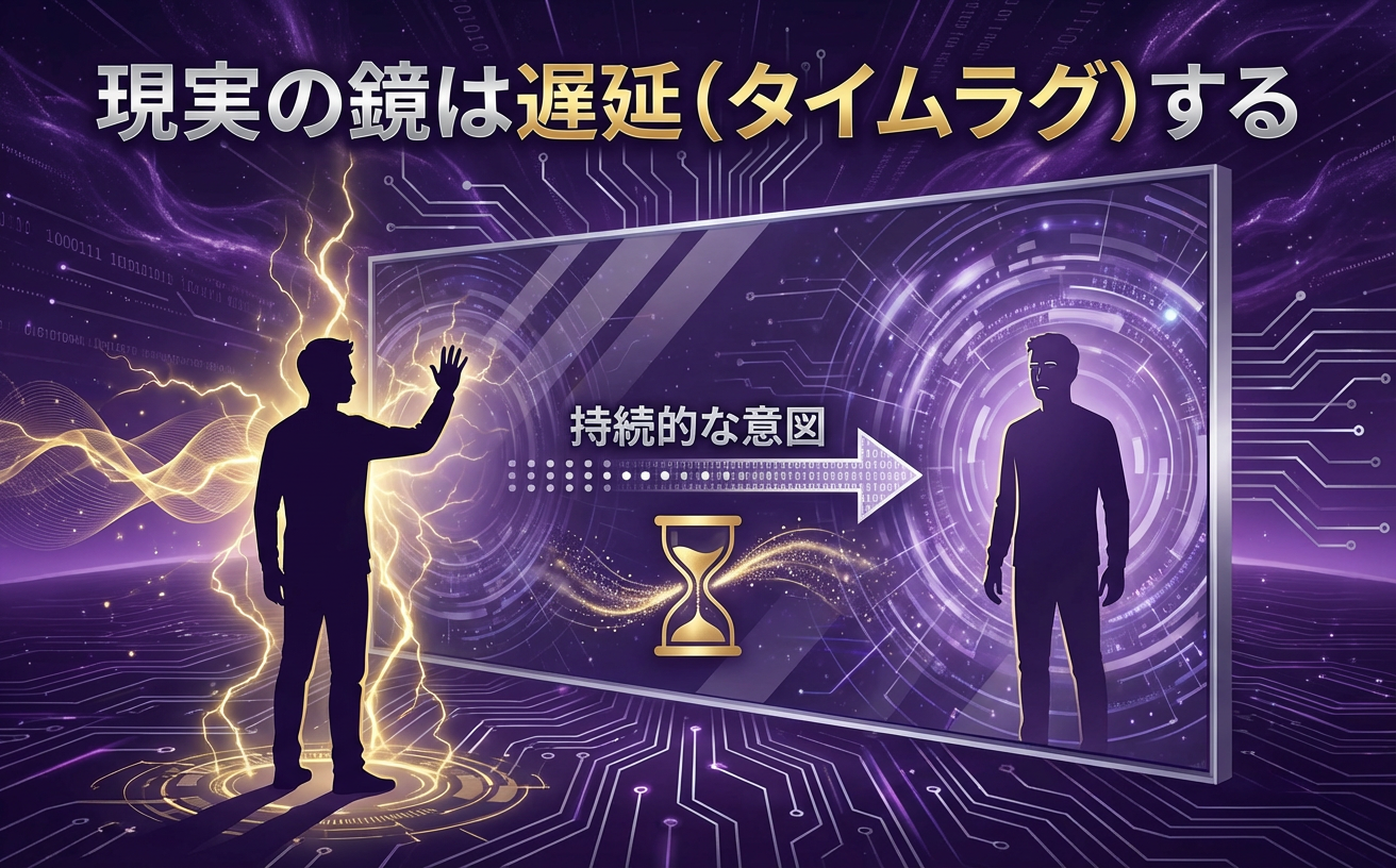 「現実の慣性」を説明するフラットデザインのインフォグラフィック。画面中央に巨大で無限に広がる鏡。左側に鏡に向かって手を挙げている人物のシルエット。右側の鏡の中の反射（もう一人の自分）は、まだ手を挙げておらず、じっと見つめ返している状態（時間差・遅延を表現）。画像上部に大きなテキストで「現実の鏡は遅延（タイムラグ）する」と配置。鏡と人物の間に「持続的な意図」と書かれた点線の矢印と、砂時計のアイコン。暗い紫とシルバーを基調としたテクノロジー感のあるデザイン。ランドスケープ比率970x600。