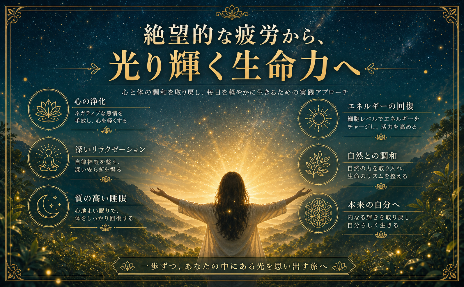 幻想的なディープティール（#13384D）の夜明けの空とフォレストグリーン（#2E4622）の森を背景に、一人の人物が両手を広げて朝日（アンティークゴールド #B88E3E）の光を受け止めている神秘的な風景。光の粒子が舞い上がり、生命力の再生を表現。上部にエレガントな明朝体で「絶望的な疲労から、光り輝く生命力へ」というテキスト。高級感のあるソフトなドロップシャドウとレンズフレア効果。書籍や立体の描写は一切禁止。
