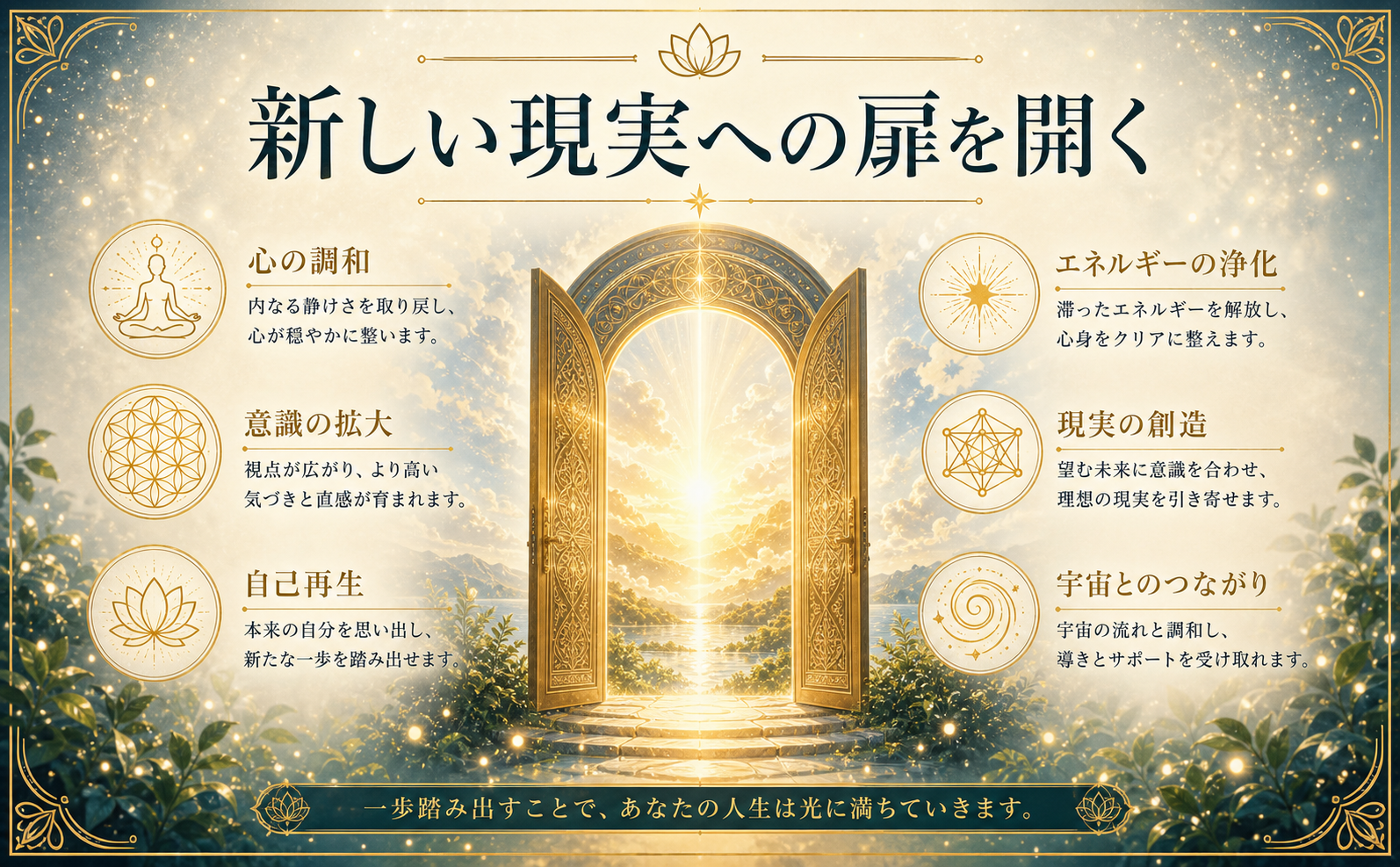 オールドレース（#FDF5E6）の柔らかな光に包まれた空間に、アンティークゴールド（#B88E3E）の輝く扉が少し開いており、その先からまばゆい光が溢れ出ている神秘的な構図。周囲には微細な光の粉（ボケ）が浮遊している。中央にエレガントな明朝体で「新しい現実への扉を開く」というテキスト。静寂で透明感のある雰囲気。書籍の画像やモックアップは絶対に含まない。