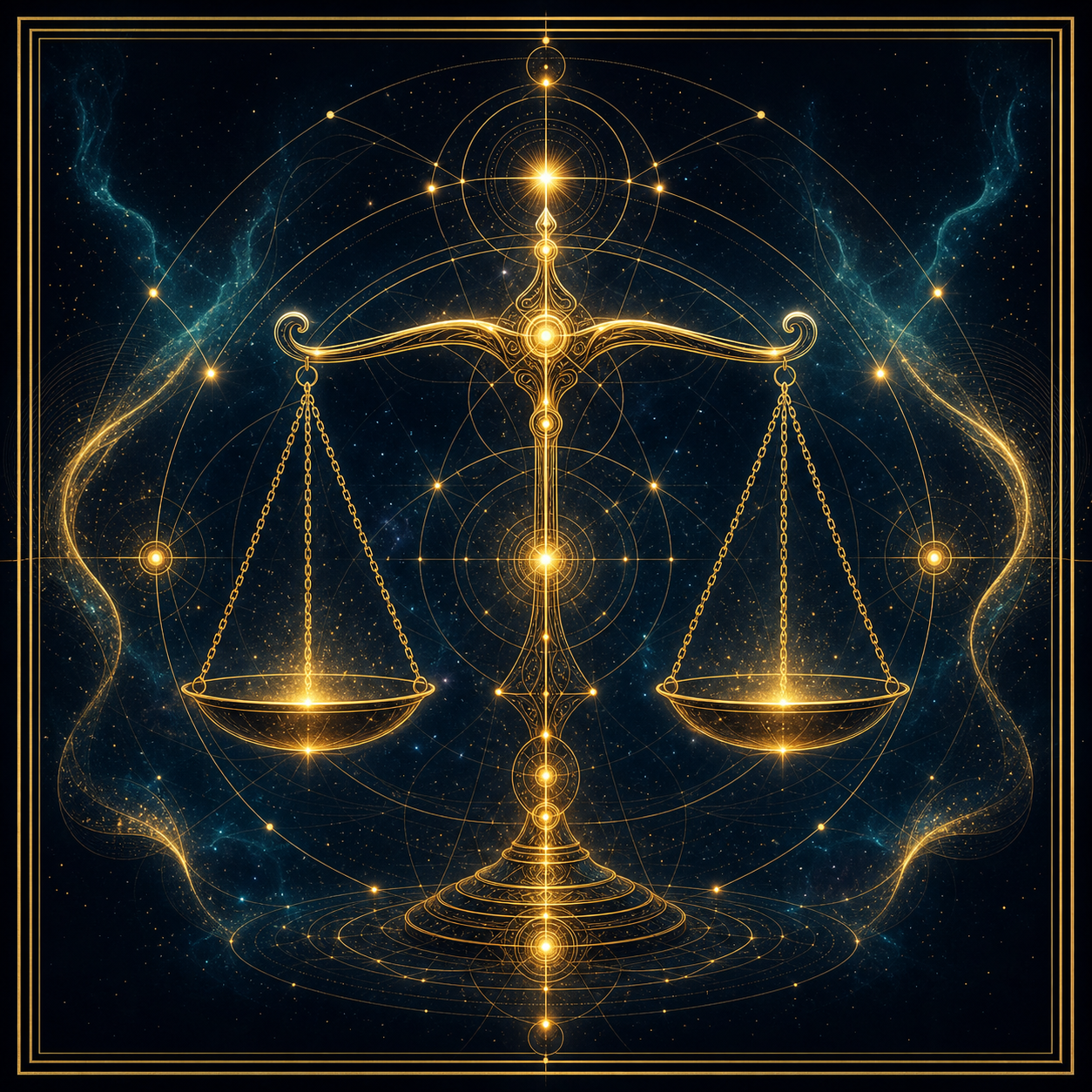 Visual Style Guide [TRANSURFING]: Background: Deep midnight navy #010811 with subtle cosmic dust. Lighting: High-contrast golden glow #D4A017 and teal highlights. Elements: Sacred geometry, thin golden line-work, ethereal light filaments, and glowing neural nodes. Atmosphere: Metaphysical, premium, serene, and expansive. Typography: Elegant Serif for titles, light Sans-Serif for body. No bright colors, no realistic humans, no clutter. All images must feature thin double-line gold borders. A perfectly balanced, glowing golden geometric scale suspended in a deep cosmic void, representing emotional equilibrium and absolute peace.