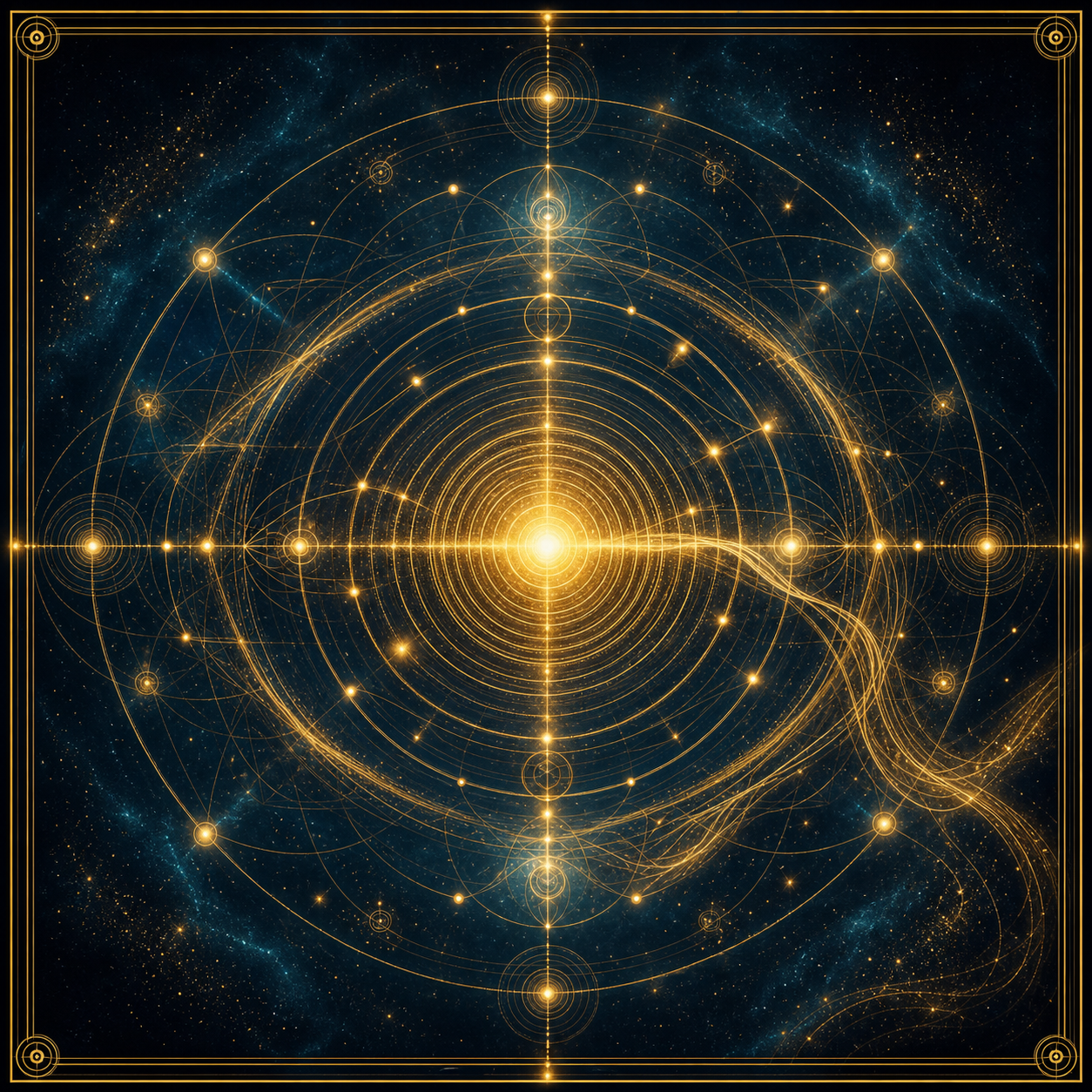 Visual Style Guide [TRANSURFING]: Background: Deep midnight navy #010811 with subtle cosmic dust. Lighting: High-contrast golden glow #D4A017 and teal highlights. Elements: Sacred geometry, thin golden line-work, ethereal light filaments, and glowing neural nodes. Atmosphere: Metaphysical, premium, serene, and expansive. Typography: Elegant Serif for titles, light Sans-Serif for body. No bright colors, no realistic humans, no clutter. All images must feature thin double-line gold borders. Concentric golden ripples expanding outward from a bright central node, symbolizing a powerful, attractive energetic frequency.