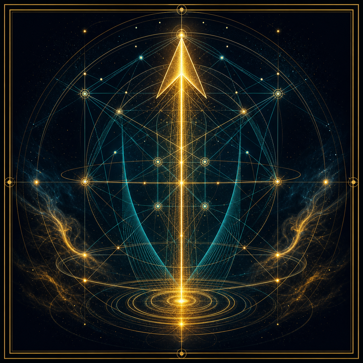 Visual Style Guide [TRANSURFING]: Background: Deep midnight navy #010811 with subtle cosmic dust. Lighting: High-contrast golden glow #D4A017 and teal highlights. Elements: Sacred geometry, thin golden line-work, ethereal light filaments, and glowing neural nodes. Atmosphere: Metaphysical, premium, serene, and expansive. Typography: Elegant Serif for titles, light Sans-Serif for body. No bright colors, no realistic humans, no clutter. All images must feature thin double-line gold borders. A sharp, radiant golden arrow pointing upward through a complex matrix of thin teal lines, representing clear direction and boundary setting.