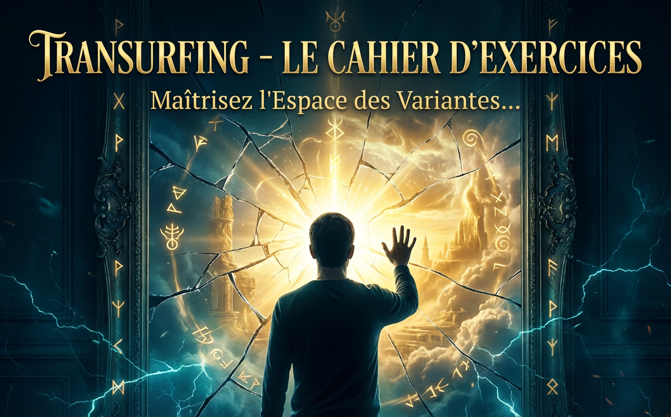 Une image cinématographique montrant une personne de dos, la main appuyée contre un grand miroir d'où partent de profondes fissures. Derrière le verre brisé, on aperçoit un paysage éclatant de lumière dorée. L'esthétique globale est viscérale, contrastée, avec une ambiance sombre percutée de lumière vive. Superposition de texte puissant : "TRANSURFING - LE CAHIER D'EXERCICES".