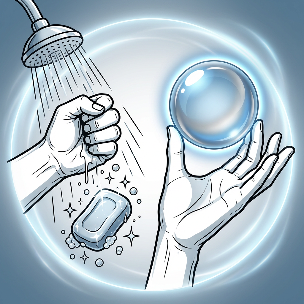Infographie conceptuelle et épurée. Une main fermée sous la douche laissant échapper une savonnette luisante, juxtaposée à une main grande ouverte tenant une bulle intacte et parfaitement stable. Palette de couleurs apaisantes (bleu acier, blanc, argent), sans texte. Représente visuellement le lâcher-prise émotionnel et la maîtrise par la non-résistance.