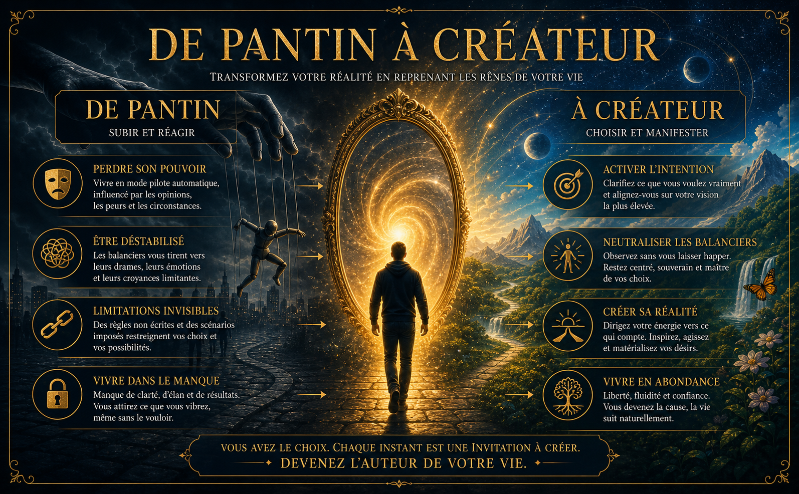 Visual Style Guide for Transurfing Brand Consistency: Color Palette: Deep Night Blue #0A121E, Antique Gold #C5A059, Pale Glowing Gold #F4E0A1, Cosmic Blue #3A6EA5. Lighting: High contrast, cinematic chiaroscuro, ethereal golden glow emanating from a central source. Iconography: Minimalist gold line art icons enclosed in thin circular frames. Background: Dreamy, mystical landscapes blending cosmic stars with lush nature; mystical portals of light. Typography Style: Elegant, high-end Serif fonts (Cinzel/Garamond style). Titles in Gold. Decorative Elements: Ultra-thin gold borders, subtle baroque flourishes, floating gold dust particles. Mood: Empowering, mystical, transformative, sophisticated. Constraint: No sans-serif fonts, no neon colors, no flat/cartoon illustrations, no cluttered compositions. SCÈNE VISUELLE : Une silhouette humaine marchant d'une zone d'ombre dense vers un immense portail lumineux doré en forme de miroir cosmique. Le texte majestueux en français affiche "DE PANTIN À CRÉATEUR".