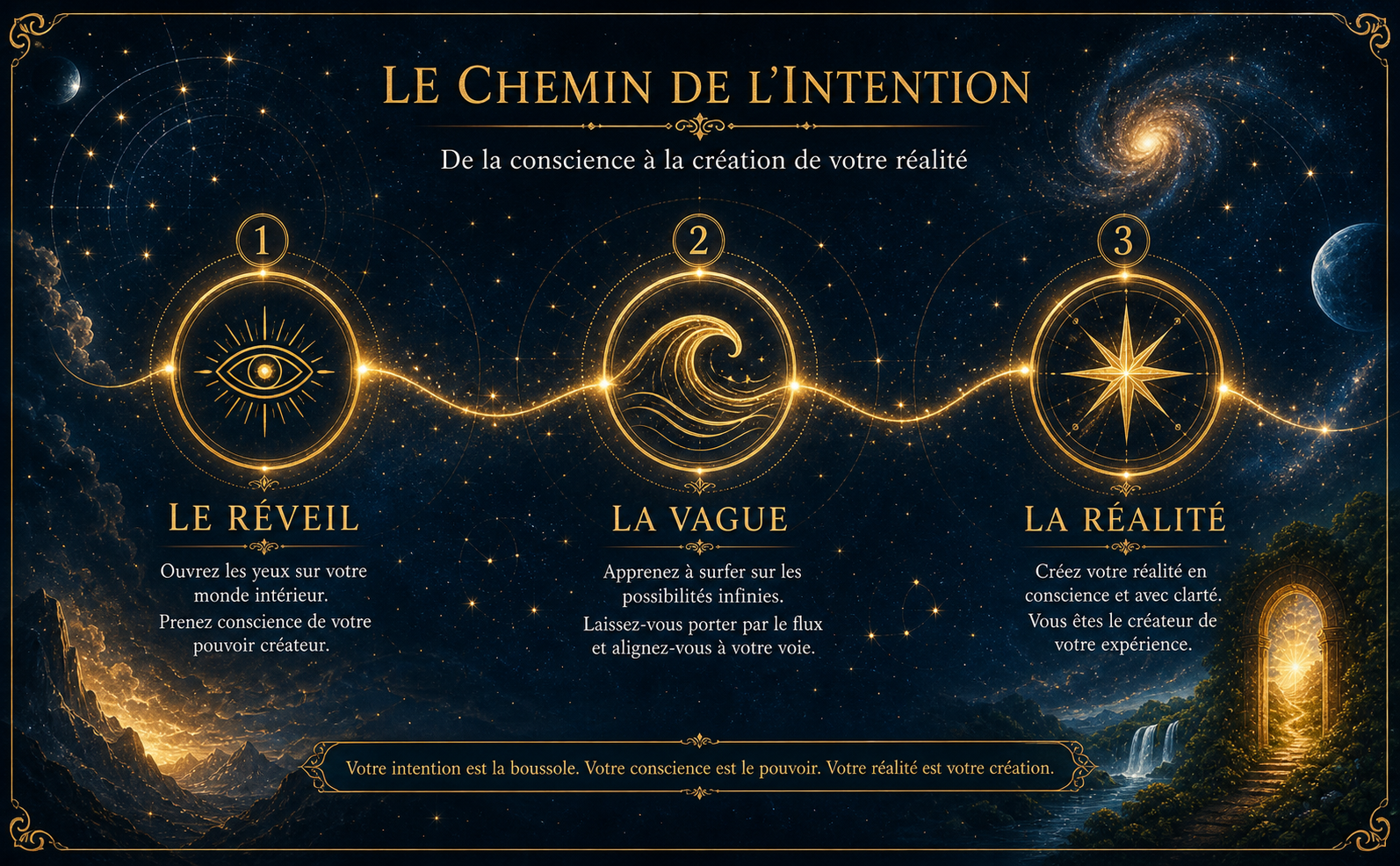 Visual Style Guide for Transurfing Brand Consistency: Color Palette: Deep Night Blue #0A121E, Antique Gold #C5A059, Pale Glowing Gold #F4E0A1, Cosmic Blue #3A6EA5. Lighting: High contrast, cinematic chiaroscuro, ethereal golden glow emanating from a central source. Iconography: Minimalist gold line art icons enclosed in thin circular frames. Background: Dreamy, mystical landscapes blending cosmic stars with lush nature; mystical portals of light. Typography Style: Elegant, high-end Serif fonts (Cinzel/Garamond style). Titles in Gold. Decorative Elements: Ultra-thin gold borders, subtle baroque flourishes, floating gold dust particles. Mood: Empowering, mystical, transformative, sophisticated. Constraint: No sans-serif fonts, no neon colors, no flat/cartoon illustrations, no cluttered compositions. SCÈNE VISUELLE : Une infographie sous forme de carte stellaire (roadmap) avec trois étapes lumineuses reliées par un fil d'or. Étape 1 : Une icône d'œil ouvert (texte : "LE RÉVEIL"). Étape 2 : Une icône de vague dorée (texte : "LA VAGUE"). Étape 3 : Une icône d'étoile brillante (texte : "LA RÉALITÉ"). Le tout sur un fond bleu nuit cosmique avec des particules d'or flottantes.