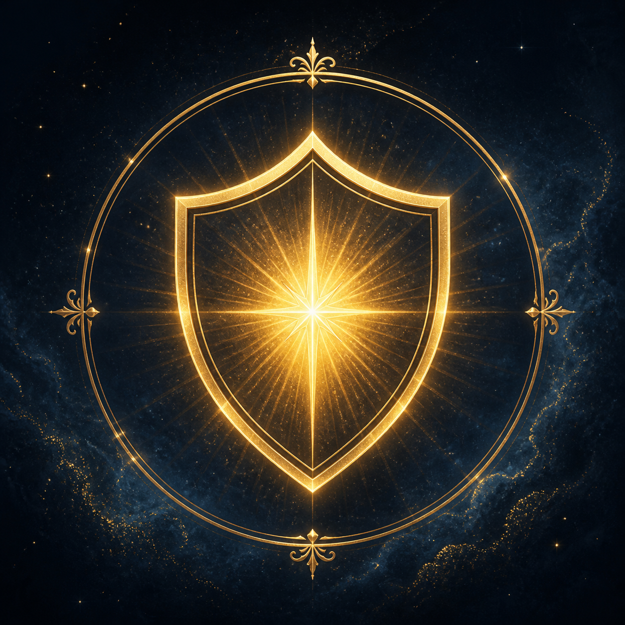 Visual Style Guide for Transurfing Brand Consistency: Color Palette: Deep Night Blue #0A121E, Antique Gold #C5A059, Pale Glowing Gold #F4E0A1, Cosmic Blue #3A6EA5. Lighting: High contrast, cinematic chiaroscuro, ethereal golden glow emanating from a central source. Iconography: Minimalist gold line art icons enclosed in thin circular frames. Background: Dreamy, mystical landscapes blending cosmic stars with lush nature; mystical portals of light. Typography Style: Elegant, high-end Serif fonts (Cinzel/Garamond style). Titles in Gold. Decorative Elements: Ultra-thin gold borders, subtle baroque flourishes, floating gold dust particles. Mood: Empowering, mystical, transformative, sophisticated. Constraint: No sans-serif fonts, no neon colors, no flat/cartoon illustrations, no cluttered compositions. SCÈNE VISUELLE : Une icône minimaliste en or représentant un bouclier rayonnant de lumière, entouré d'un cercle fin, sur fond bleu nuit.