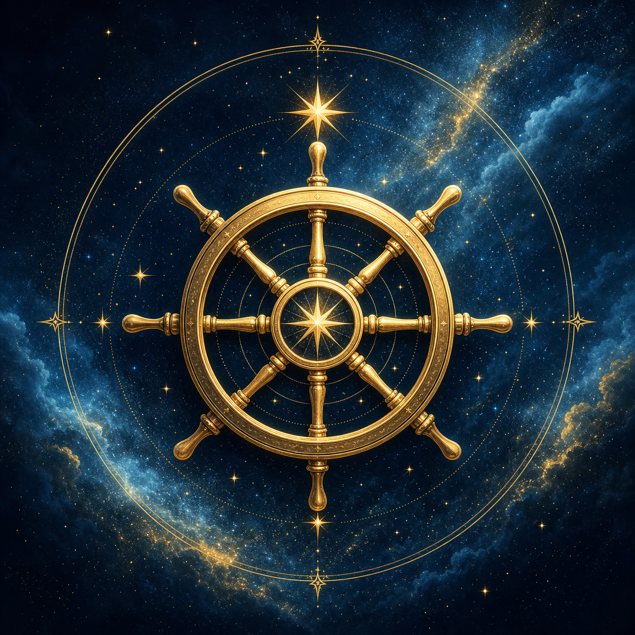 Visual Style Guide for Transurfing Brand Consistency: Color Palette: Deep Night Blue #0A121E, Antique Gold #C5A059, Pale Glowing Gold #F4E0A1, Cosmic Blue #3A6EA5. Lighting: High contrast, cinematic chiaroscuro, ethereal golden glow emanating from a central source. Iconography: Minimalist gold line art icons enclosed in thin circular frames. Background: Dreamy, mystical landscapes blending cosmic stars with lush nature; mystical portals of light. Typography Style: Elegant, high-end Serif fonts (Cinzel/Garamond style). Titles in Gold. Decorative Elements: Ultra-thin gold borders, subtle baroque flourishes, floating gold dust particles. Mood: Empowering, mystical, transformative, sophisticated. Constraint: No sans-serif fonts, no neon colors, no flat/cartoon illustrations, no cluttered compositions. SCÈNE VISUELLE : Une icône minimaliste en or représentant un gouvernail naval entrelacé d'étoiles, dans un cercle fin, sur fond bleu cosmique.
