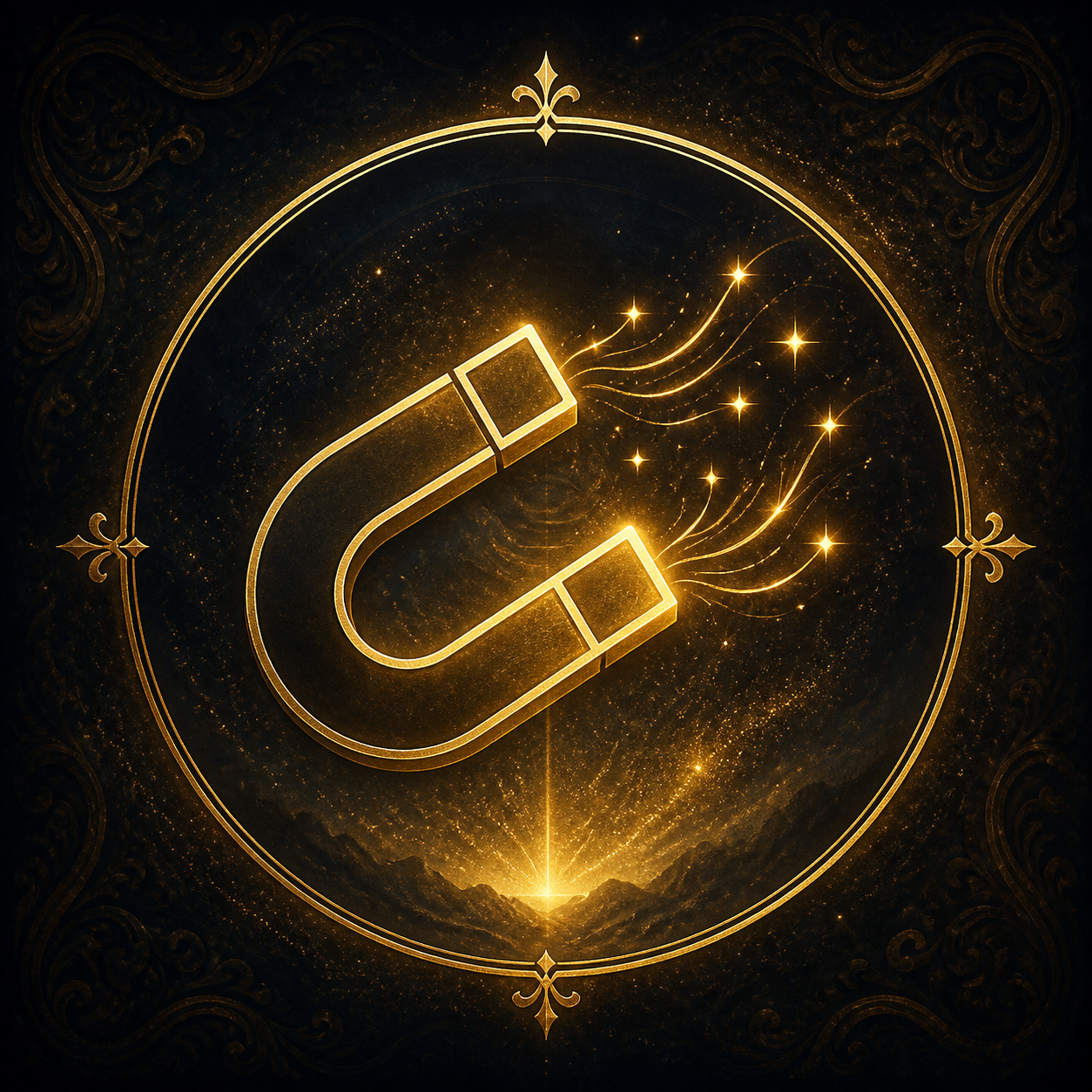 Visual Style Guide for Transurfing Brand Consistency: Color Palette: Deep Night Blue #0A121E, Antique Gold #C5A059, Pale Glowing Gold #F4E0A1, Cosmic Blue #3A6EA5. Lighting: High contrast, cinematic chiaroscuro, ethereal golden glow emanating from a central source. Iconography: Minimalist gold line art icons enclosed in thin circular frames. Background: Dreamy, mystical landscapes blending cosmic stars with lush nature; mystical portals of light. Typography Style: Elegant, high-end Serif fonts (Cinzel/Garamond style). Titles in Gold. Decorative Elements: Ultra-thin gold borders, subtle baroque flourishes, floating gold dust particles. Mood: Empowering, mystical, transformative, sophisticated. Constraint: No sans-serif fonts, no neon colors, no flat/cartoon illustrations, no cluttered compositions. SCÈNE VISUELLE : Une icône minimaliste en or d'un aimant attirant des étincelles de lumière, dans un cercle fin, sur fond or antique sombre.