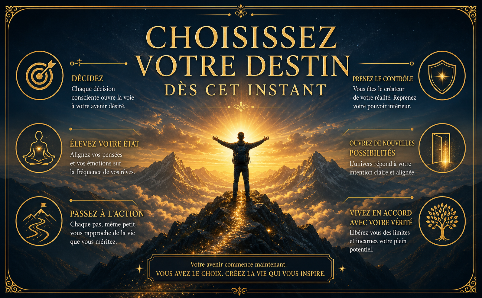 Visual Style Guide for Transurfing Brand Consistency: Color Palette: Deep Night Blue #0A121E, Antique Gold #C5A059, Pale Glowing Gold #F4E0A1, Cosmic Blue #3A6EA5. Lighting: High contrast, cinematic chiaroscuro, ethereal golden glow emanating from a central source. Iconography: Minimalist gold line art icons enclosed in thin circular frames. Background: Dreamy, mystical landscapes blending cosmic stars with lush nature; mystical portals of light. Typography Style: Elegant, high-end Serif fonts (Cinzel/Garamond style). Titles in Gold. Decorative Elements: Ultra-thin gold borders, subtle baroque flourishes, floating gold dust particles. Mood: Empowering, mystical, transformative, sophisticated. Constraint: No sans-serif fonts, no neon colors, no flat/cartoon illustrations, no cluttered compositions. SCÈNE VISUELLE : Un sommet de montagne majestueux baigné dans une aube dorée éblouissante. Au centre, un texte élégant et audacieux en français affiche : "CHOISISSEZ VOTRE DESTIN DÈS CET INSTANT". Atmosphère de triomphe, de pouvoir intérieur et de liberté absolue.