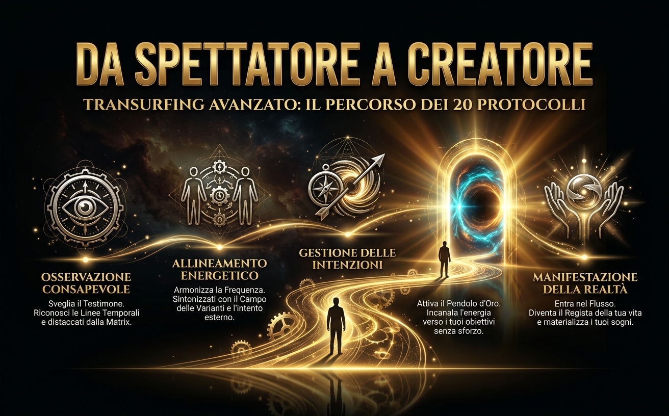 Visual Identity Specification for "Transurfing Avanzato": Theme: Modern Esotericism & Temporal Mechanics. Color Palette: Deep Black (#0A0A0A), Metallic Gold (#D4AF37), Amber Glow (#8C6239), and Electric Cyan highlights (#4CC9F0). Lighting: High-contrast Chiaroscuro, dramatic cinematic lighting, radial golden glows, and ethereal light rays. Background: Dark cosmic atmosphere with golden energy vortexes, sacred geometry overlays, and reflective floor surfaces. Style: 3D hyper-realistic, luxurious, spiritual but technical. Elements: Golden filaments, clockwork gears, silhouettes of a traveler, glowing particles. Typography Context: Bold metallic Sans-serif for titles, elegant Serif for body text. Mood: Mystical, powerful, transcendent, high-end. Avoid: Flat design, bright daylight, cartoonish styles, visible human faces. Scena visiva: Una silhouette elegante di spalle che cammina con sicurezza verso un gigantesco portale dorato luminoso che si apre nel vuoto cosmico. Testo in evidenza in grande stile metallico: "DA SPETTATORE A CREATORE".