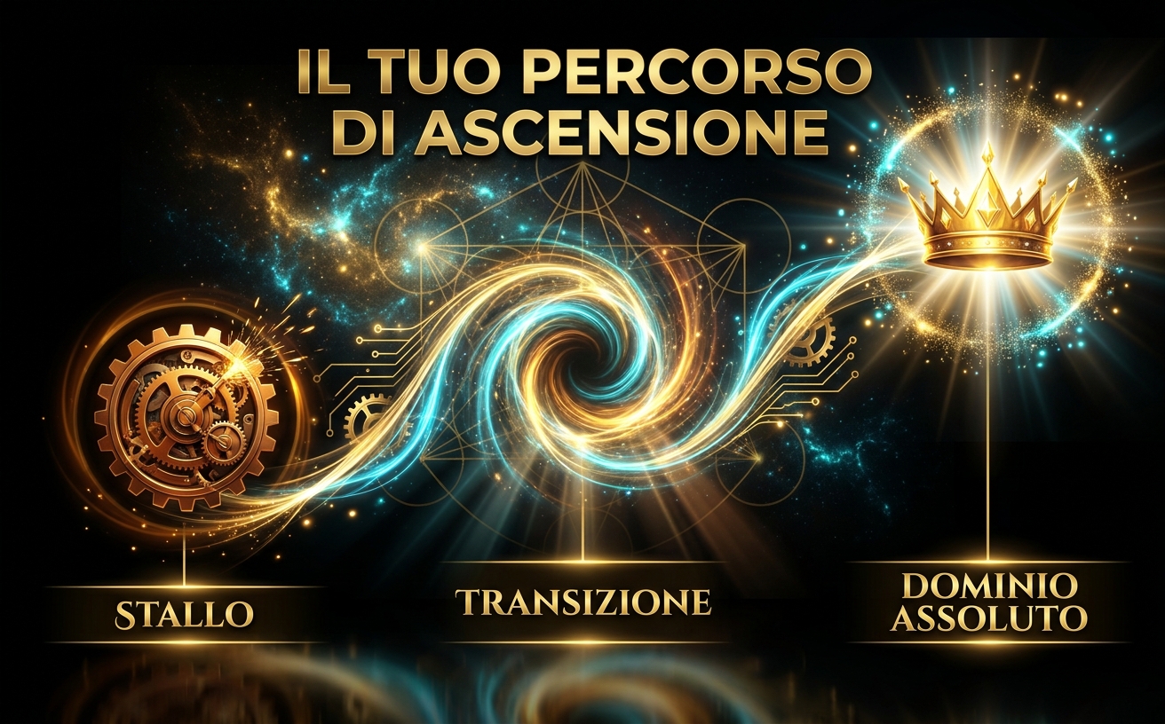 Visual Identity Specification for "Transurfing Avanzato": Theme: Modern Esotericism & Temporal Mechanics. Color Palette: Deep Black (#0A0A0A), Metallic Gold (#D4AF37), Amber Glow (#8C6239), and Electric Cyan highlights (#4CC9F0). Lighting: High-contrast Chiaroscuro, dramatic cinematic lighting, radial golden glows, and ethereal light rays. Background: Dark cosmic atmosphere with golden energy vortexes, sacred geometry overlays, and reflective floor surfaces. Style: 3D hyper-realistic, luxurious, spiritual but technical. Elements: Golden filaments, clockwork gears, silhouettes of a traveler, glowing particles. Typography Context: Bold metallic Sans-serif for titles, elegant Serif for body text. Mood: Mystical, powerful, transcendent, high-end. Avoid: Flat design, bright daylight, cartoonish styles, visible human faces. Scena visiva: Un'infografica orizzontale a forma di linea del tempo ascendente. Tre fasi collegate da eleganti filamenti d'oro e azzurro elettrico. Fase 1: Un ingranaggio bloccato (etichetta: "Stallo"). Fase 2: Un vortice di energia quantistica (etichetta: "Transizione"). Fase 3: Una corona di luce radiosa (etichetta: "Dominio Assoluto"). Stile infografica premium. Testo principale in alto: "IL TUO PERCORSO DI ASCENSIONE".
