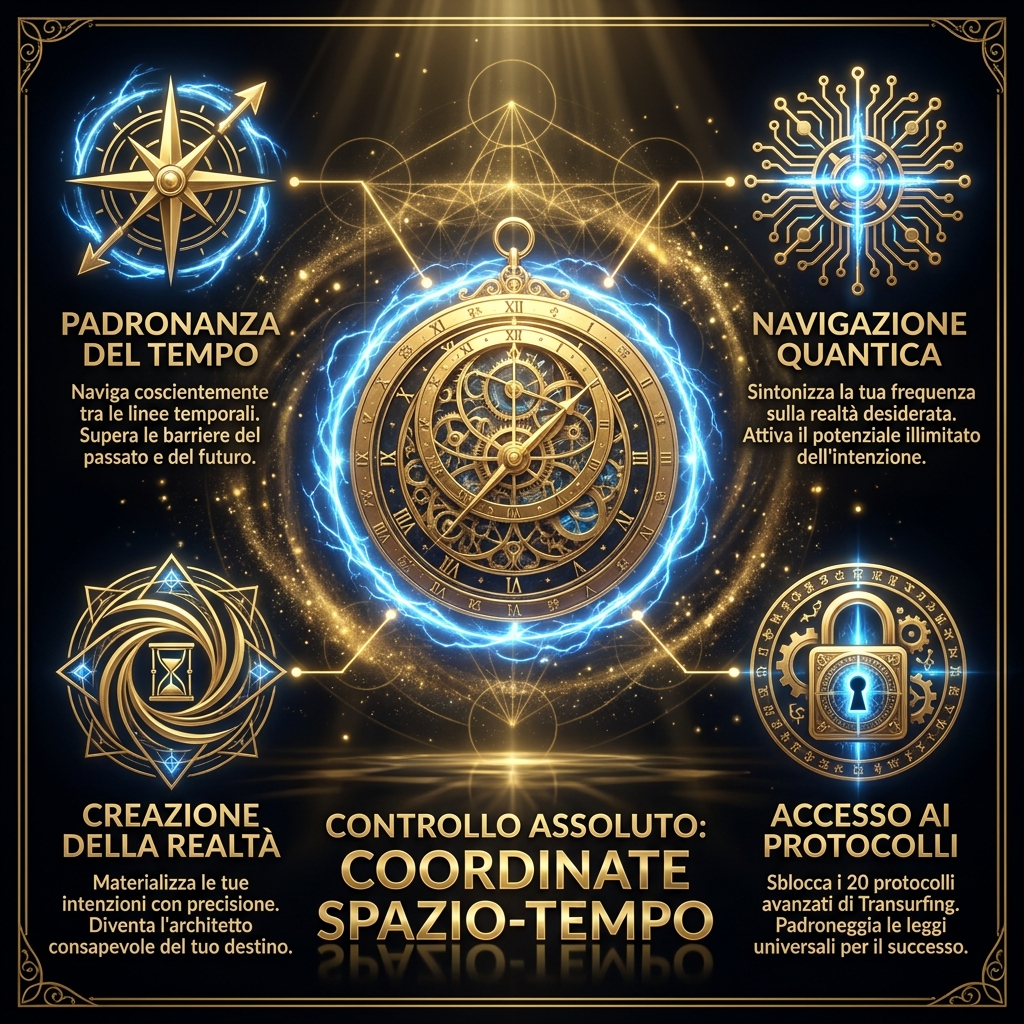 Visual Identity Specification for "Transurfing Avanzato": [Black/Gold, mystical, high-end]. Scena: Un astrolabio d'oro fluttuante circondato da anelli di luce azzurra elettrica, simbolo di controllo assoluto sulle coordinate del tempo e dello spazio. Sfondo nero profondo con particelle dorate.