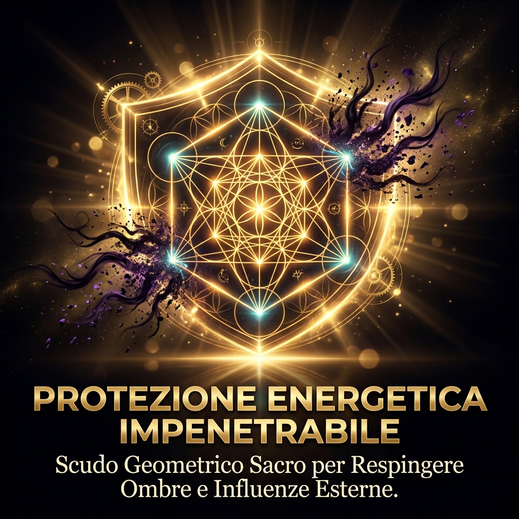 Visual Identity Specification for "Transurfing Avanzato": [Black/Gold, mystical, high-end]. Scena: Uno scudo geometrico sacro formato da linee di luce dorata su sfondo nero profondo, che respinge ombre scure. Simbolo di protezione energetica impenetrabile.