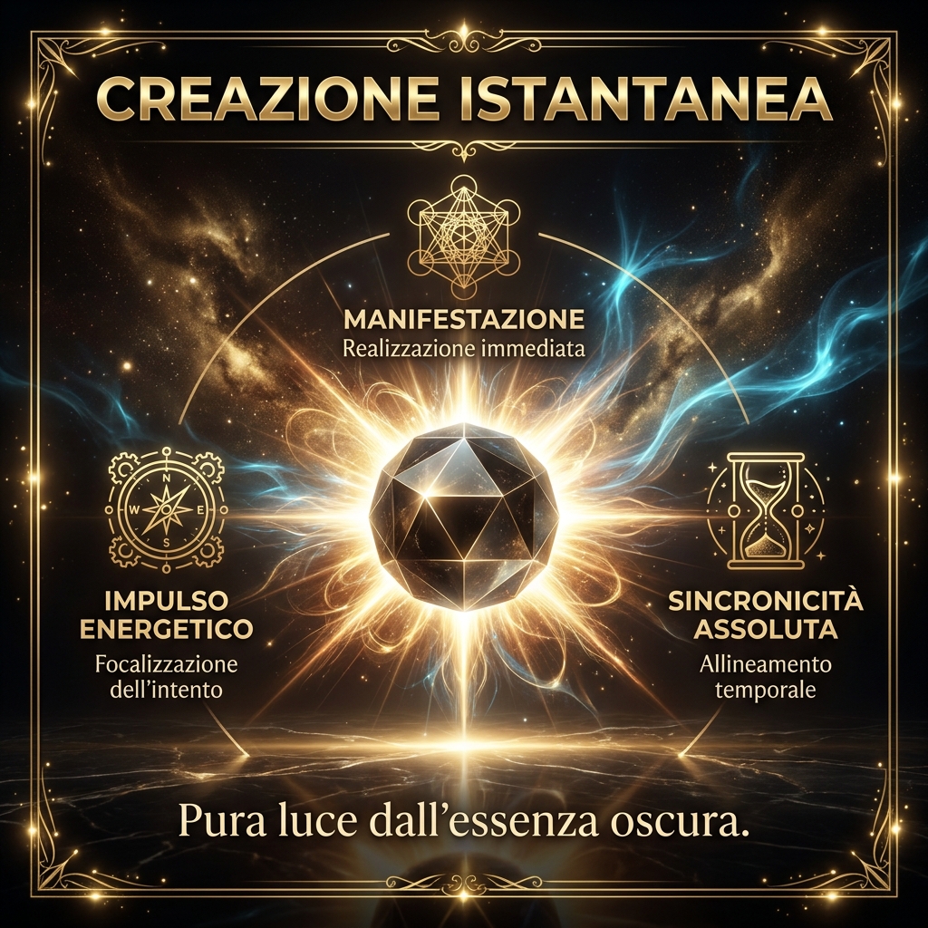 Visual Identity Specification for "Transurfing Avanzato": [Black/Gold, mystical, high-end]. Scena: Una scintilla di luce bianca e oro abbagliante che esplode dal centro di un cristallo scuro levigato, simbolo di creazione pura, rapida e istantanea.