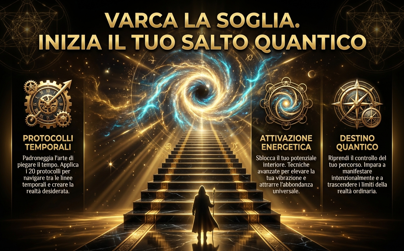 Visual Identity Specification for "Transurfing Avanzato": Theme: Modern Esotericism & Temporal Mechanics. Color Palette: Deep Black (#0A0A0A), Metallic Gold (#D4AF37), Amber Glow (#8C6239), and Electric Cyan highlights (#4CC9F0). Lighting: High-contrast Chiaroscuro, dramatic cinematic lighting, radial golden glows, and ethereal light rays. Background: Dark cosmic atmosphere with golden energy vortexes, sacred geometry overlays, and reflective floor surfaces. Style: 3D hyper-realistic, luxurious, spiritual but technical. Elements: Golden filaments, clockwork gears, silhouettes of a traveler, glowing particles. Typography Context: Bold metallic Sans-serif for titles, elegant Serif for body text. Mood: Mystical, powerful, transcendent, high-end. Avoid: Flat design, bright daylight, cartoonish styles, visible human faces. Scena visiva: Una scala maestosa di marmo nero lucido con bordi dorati che sale verso una galassia luminosa a forma di occhio cosmico. Atmosfera di trionfo mistico e urgenza. Testo in grande e dorato: "VARCA LA SOGLIA. INIZIA IL TUO SALTO QUANTICO".