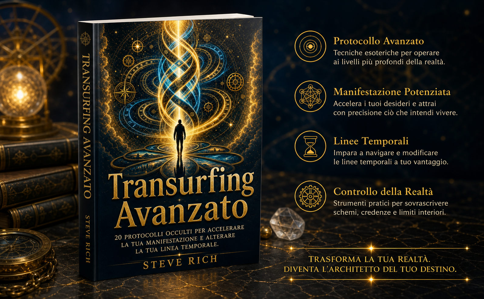 Stile Visivo: Esoteric Quantum Realism / Cosmic Manifestation. Colori: Deep Midnight Blue (#050A14), Radiant Gold (#FFD700), Electric Cyan (#00B4D8), Metallic Cream (#F4EBD0). Illuminazione: cinematografica, bagliore dorato centrale, particelle di luce bokeh. Atmosfera: mistica, trascendente e autorevole. Elementi: una silhouette umana vista di schiena che osserva un vasto orizzonte cosmico, con linee dorate luminose che si diramano verso l'infinito, rappresentando molteplici linee temporali. Geometria sacra sottile in sovrimpressione. Testo in italiano in stile font serif elegante e dorato: "DA SPETTATORE A CREATORE". Nessun elemento a fumetto. Nessun libro o mockup.