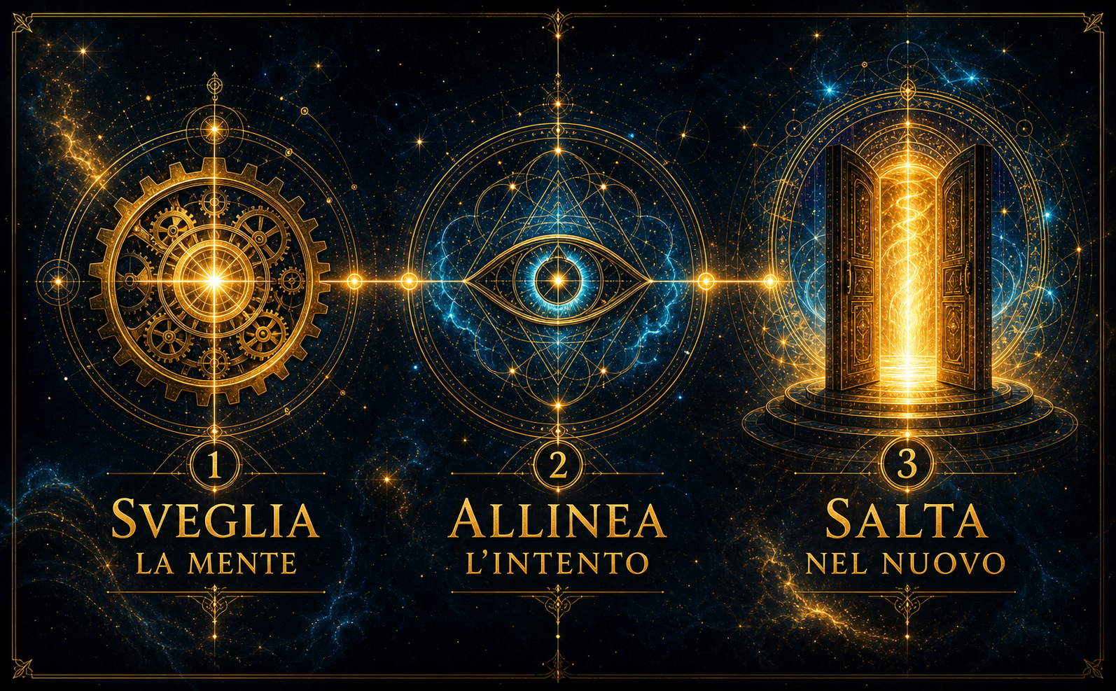 Stile Visivo: Esoteric Quantum Realism. Colori: Deep Midnight Blue (#050A14), Radiant Gold (#FFD700), Electric Cyan (#00B4D8). Infografica orizzontale su sfondo cosmico scuro. Mostra tre passaggi sequenziali collegati da una linea dorata luminosa: 1. Un ingranaggio sottile e radioso (Testo: "Sveglia la Mente"), 2. Un occhio geometrico incastonato in un frattale (Testo: "Allinea l'Intento"), 3. Una porta di luce sfolgorante (Testo: "Salta nel Nuovo"). Etichette in italiano. Design premium, font serif dorato. Nessun libro o copertina.