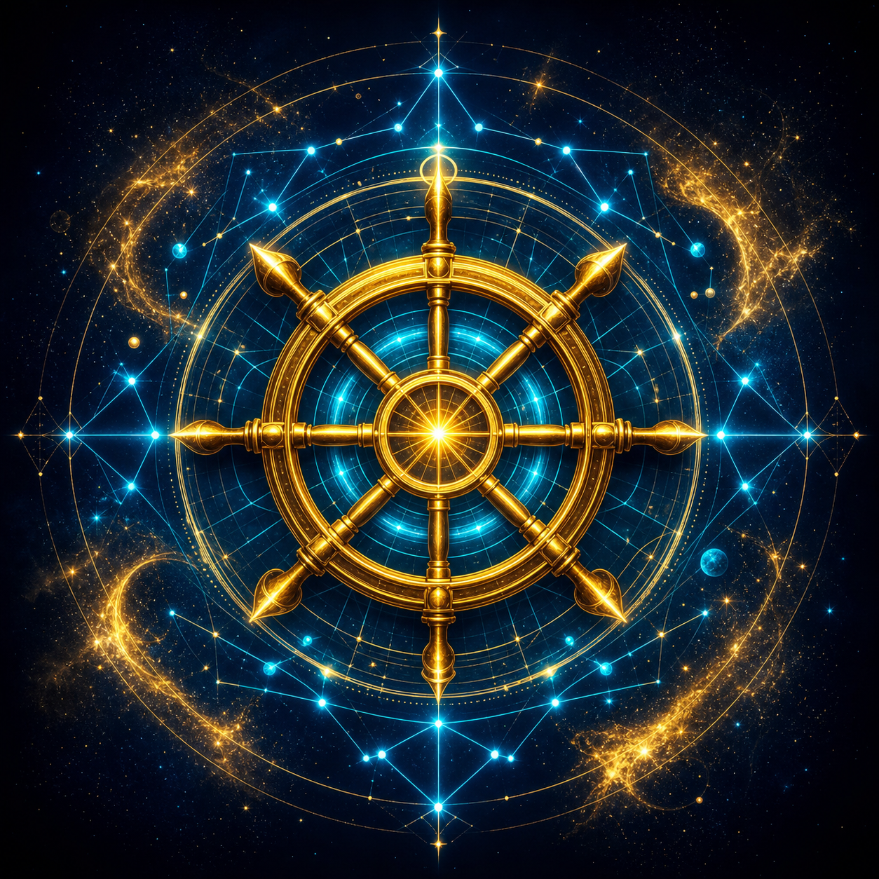 Stile Visivo: Esoteric Quantum Realism. Sfondo profondo blu notte (#050A14). Icona centrale luminosa ciano (#00B4D8) e oro (#FFD700) di un timone astrale circondato da costellazioni e linee geometriche sottili. Nessun libro.