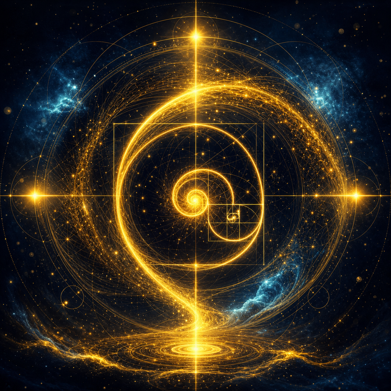 Stile Visivo: Esoteric Quantum Realism. Sfondo blu notte (#050A14). Icona oro brillante (#FFD700) di un'onda di energia a forma di spirale aurea che emana luce volumetrica. Nessun libro.