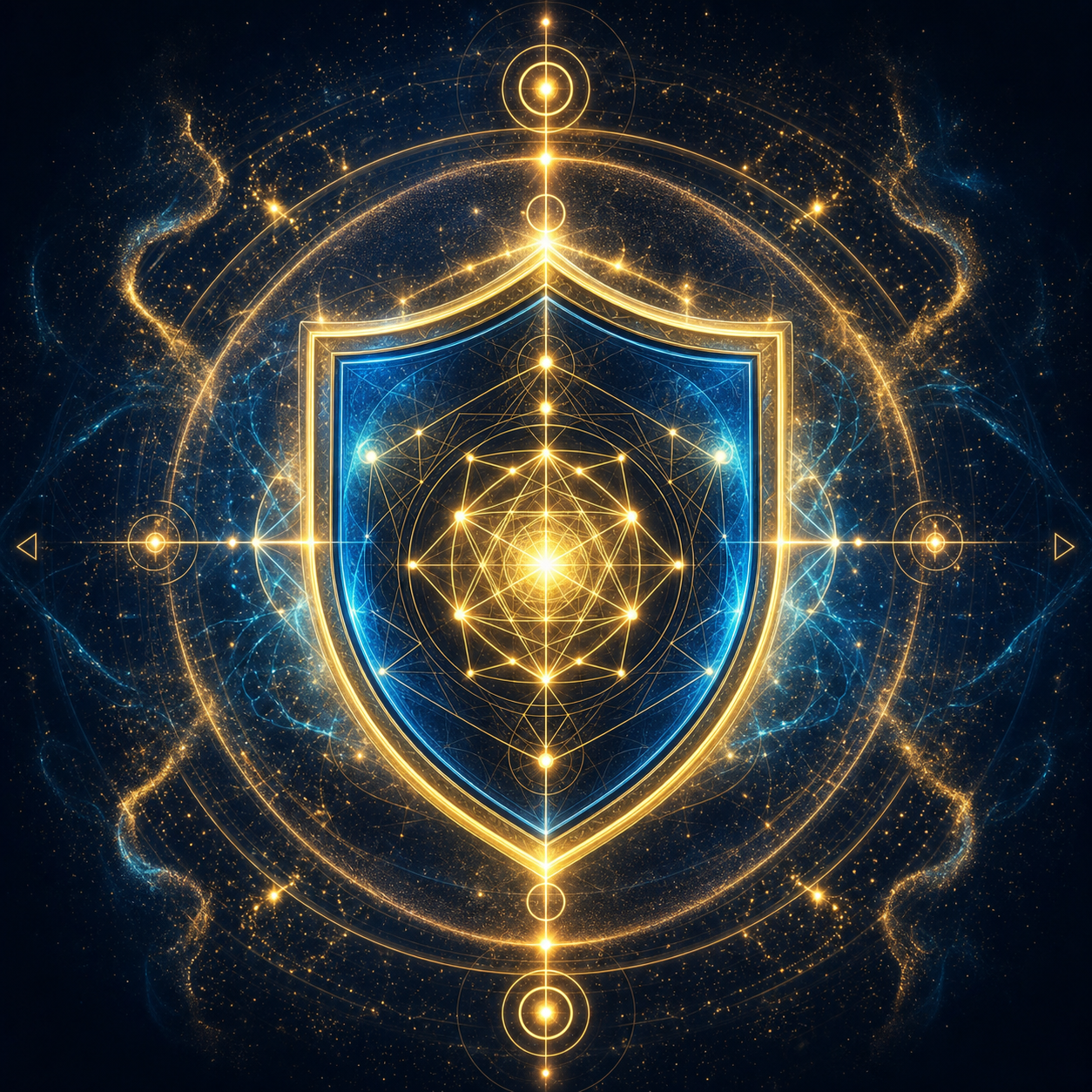 Stile Visivo: Esoteric Quantum Realism. Sfondo blu notte (#050A14). Icona di uno scudo geometrico sacro luminoso, circondato da particelle di luce e un'aura impenetrabile. Nessun libro.