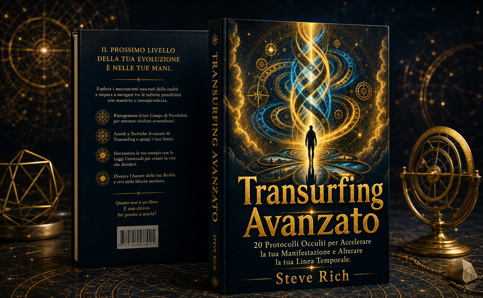 Stile Visivo: Esoteric Quantum Realism. Colori: Deep Midnight Blue, Radiant Gold, Electric Cyan. Immagine motivazionale e imponente: Una maestosa scala di luce dorata che sale verso una sfera di energia brillante nel cosmo. Particelle luminose fluttuanti e ombre profonde per creare tridimensionalità. Testo centrale grande, in font serif dorato ed elegante: "VARCA LA SOGLIA DEL TUO NUOVO DESTINO". Atmosfera autorevole, epica. Nessun libro o mockup presente.