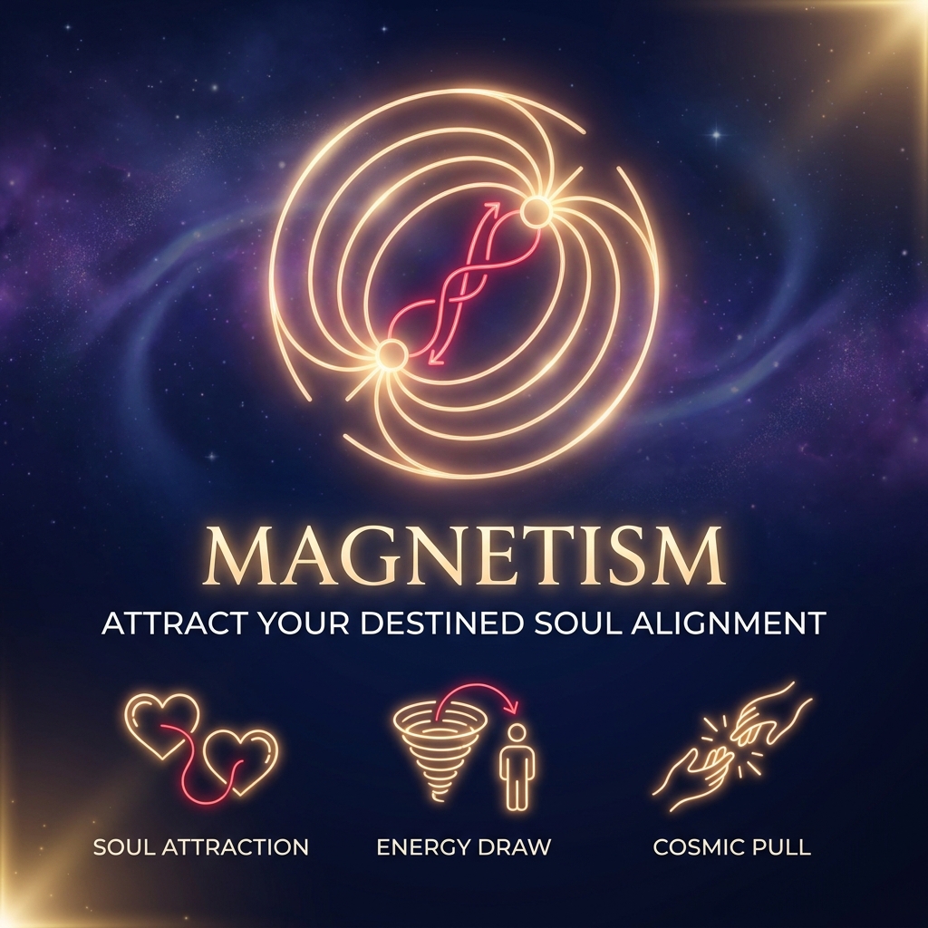 [SPECIFICATION BLOCK: Cosmic Noir style, #0B1026 background, #FF1A1A accents, #E6D2A3 text] Ethereal glow line art icon of a magnetic field radiating warm golden light, drawing in soft glowing particles. Mystical and premium.