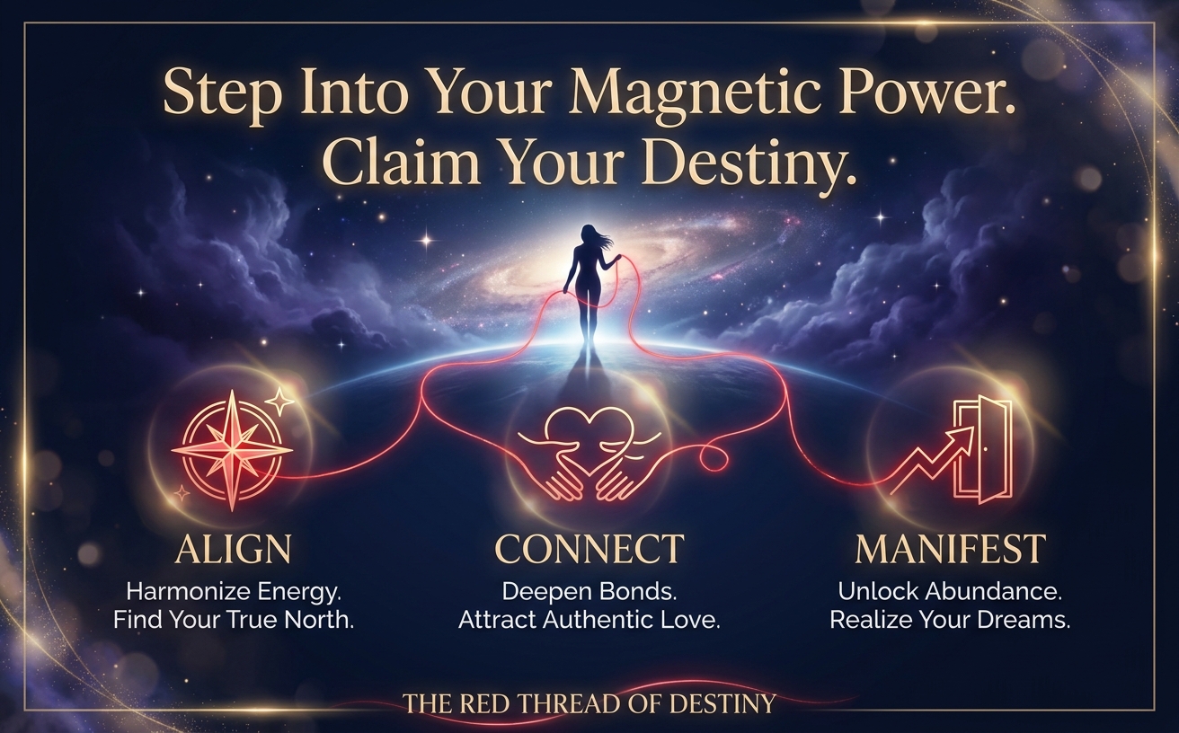 [SPECIFICATION BLOCK: COLOR PALETTE: Primary #0B1026, Secondary #2D1B4D, Accent #FF1A1A, Typography #E6D2A3. ICON STYLE: Ethereal Glow Line Art. BACKGROUND: Cosmic Noir. MOOD: Mystical, Soulful. DECORATIVE: The Red Thread, Light Leaks.] A wide Amazon A+ Banner showing a powerful silhouette of a person standing at the edge of a cosmic ocean, holding a glowing crimson thread that extends into the stars. Ethereal, cinematic lighting. Bold champagne gold typography reads: "Step Into Your Magnetic Power. Claim Your Destiny." Premium marketing aesthetic, highly aspirational. Landscape 970x600.