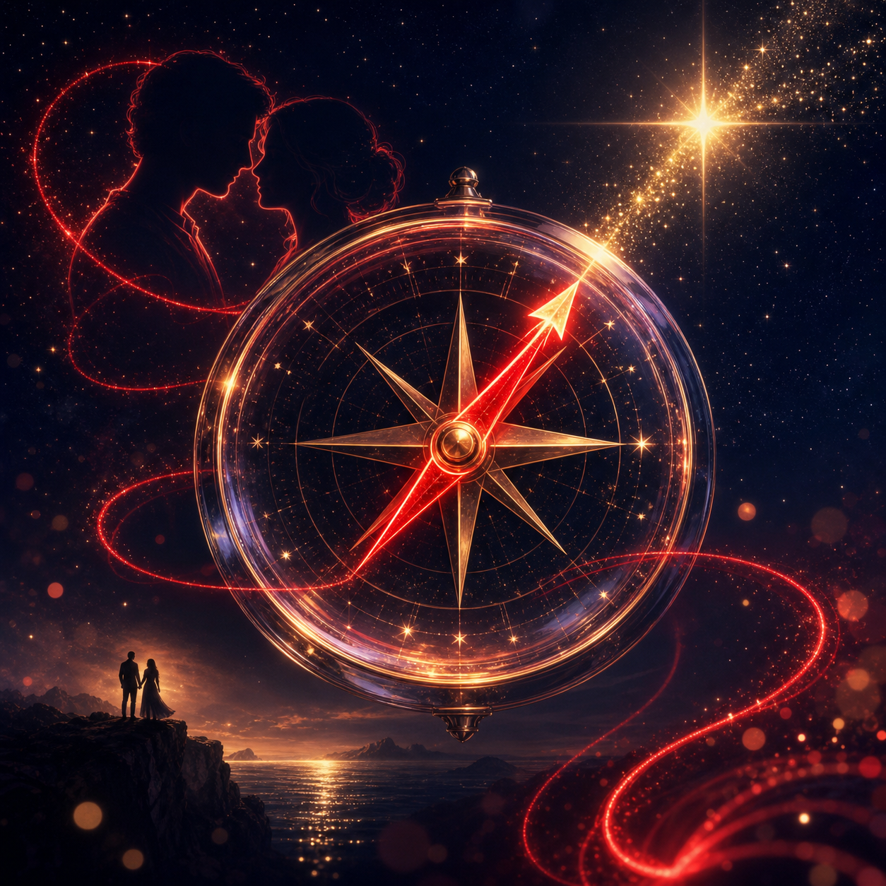 [Theme: Cosmic Romanticism] [Colors: Midnight Blue #0B1425, Glowing Crimson #FF1A1A, Champagne Gold #E2C991] [Lighting: High-contrast, cinematic, ethereal glow] [Elements: Glowing red energy threads, stardust, silhouettes, bokeh] [Mood: Mystical and Harmonious] [No daylight, no flat illustrations, no sans-serif text]. A glowing glassmorphism compass with a glowing crimson needle pointing toward a bright champagne gold star, set against a deep space indigo background, representing guided intuition and alignment.